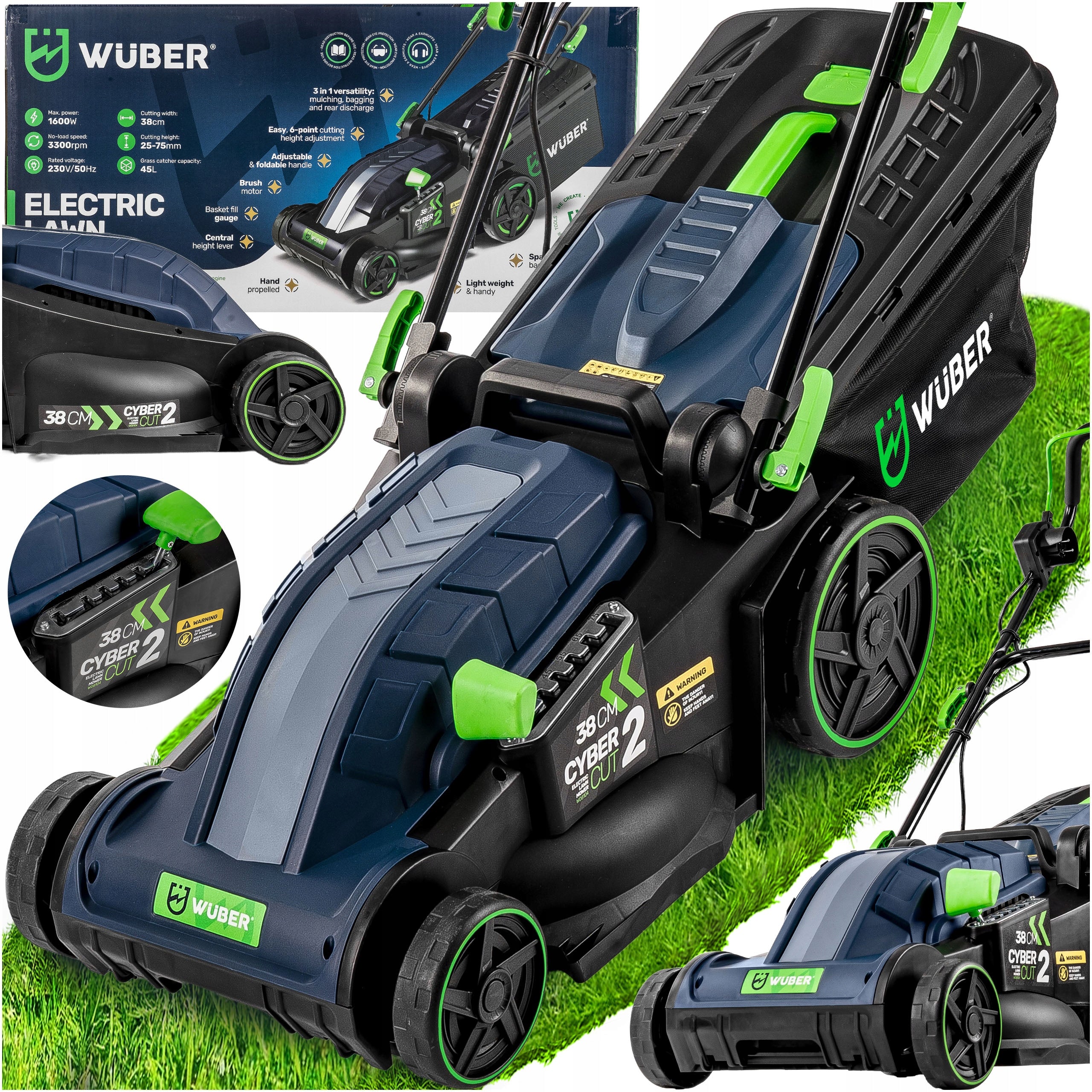 ELECTRIC MOWER LIGHT STRONG FOR GRASS WITH ADJUSTABLE LARGE BASKET WUBER MULCH