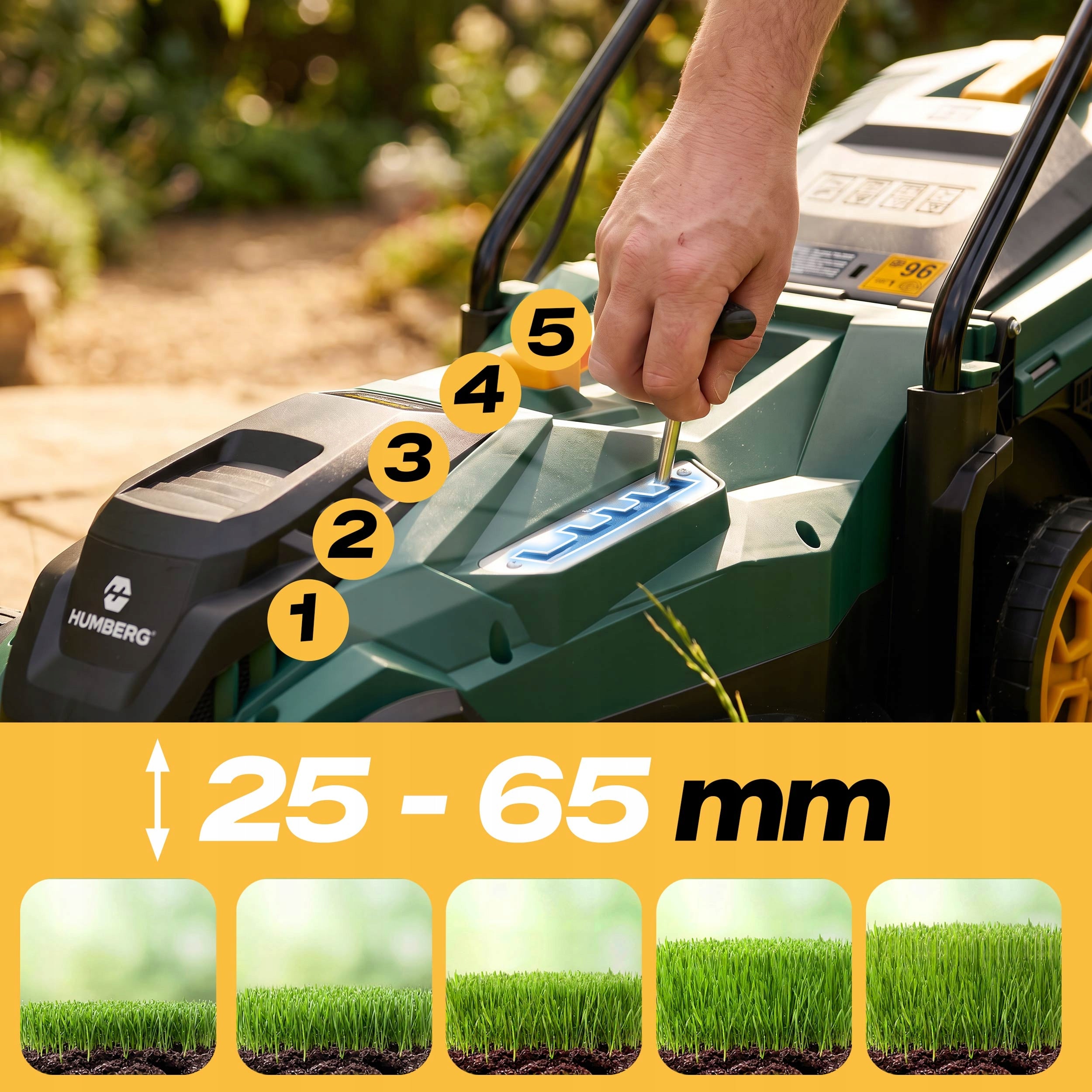 ELECTRIC MOWER LIGHT STRONG FOR GRASS WITH ADJUSTMENT 1400W 34CM HUMBERG Basket capacity 30 l
