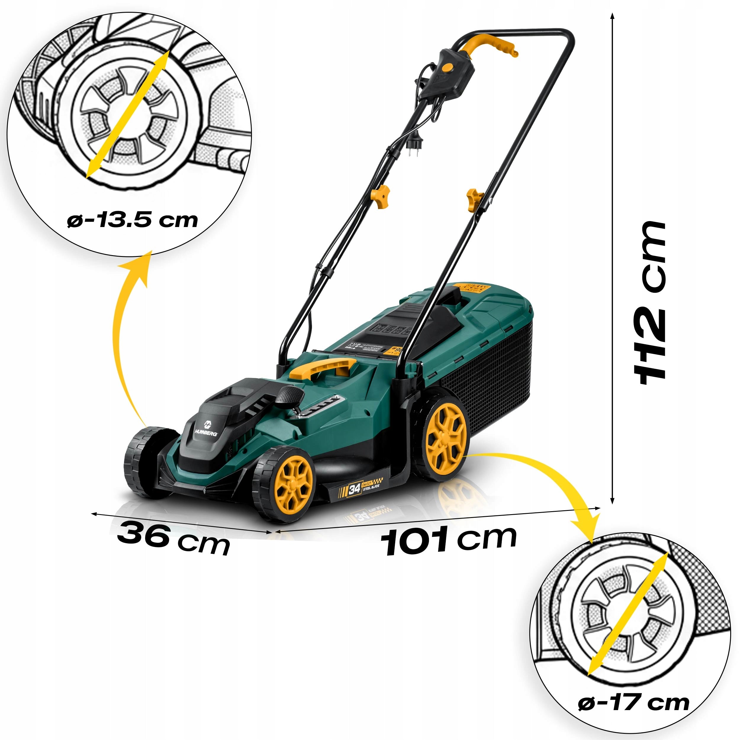 ELECTRIC MOWER LIGHT STRONG FOR GRASS WITH ADJUSTMENT 1400W 34CM HUMBERG Series HM