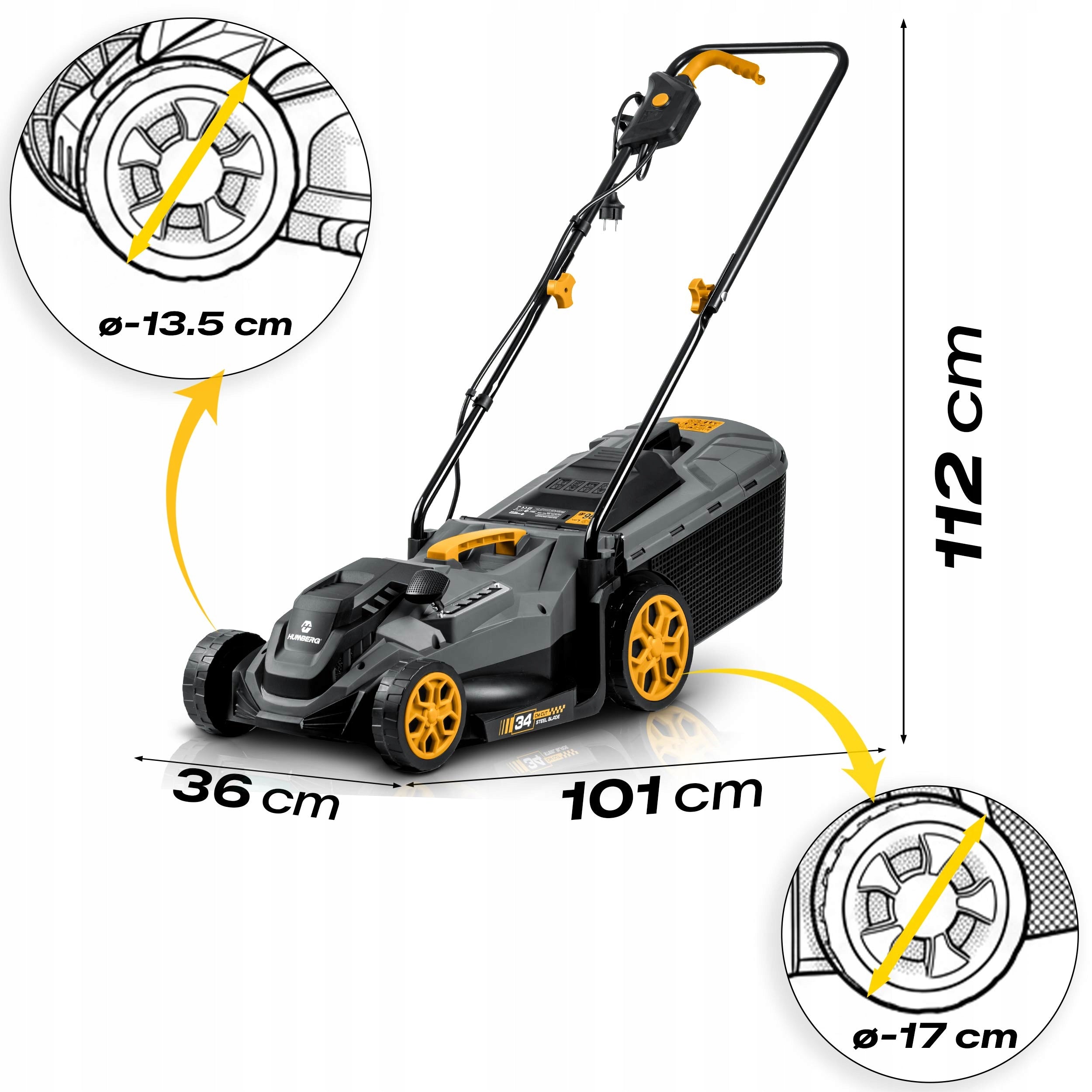 ELECTRIC MOWER LIGHT STRONG FOR GRASS WITH ADJUSTMENT 1400W 34CM HUMBERG Series HM