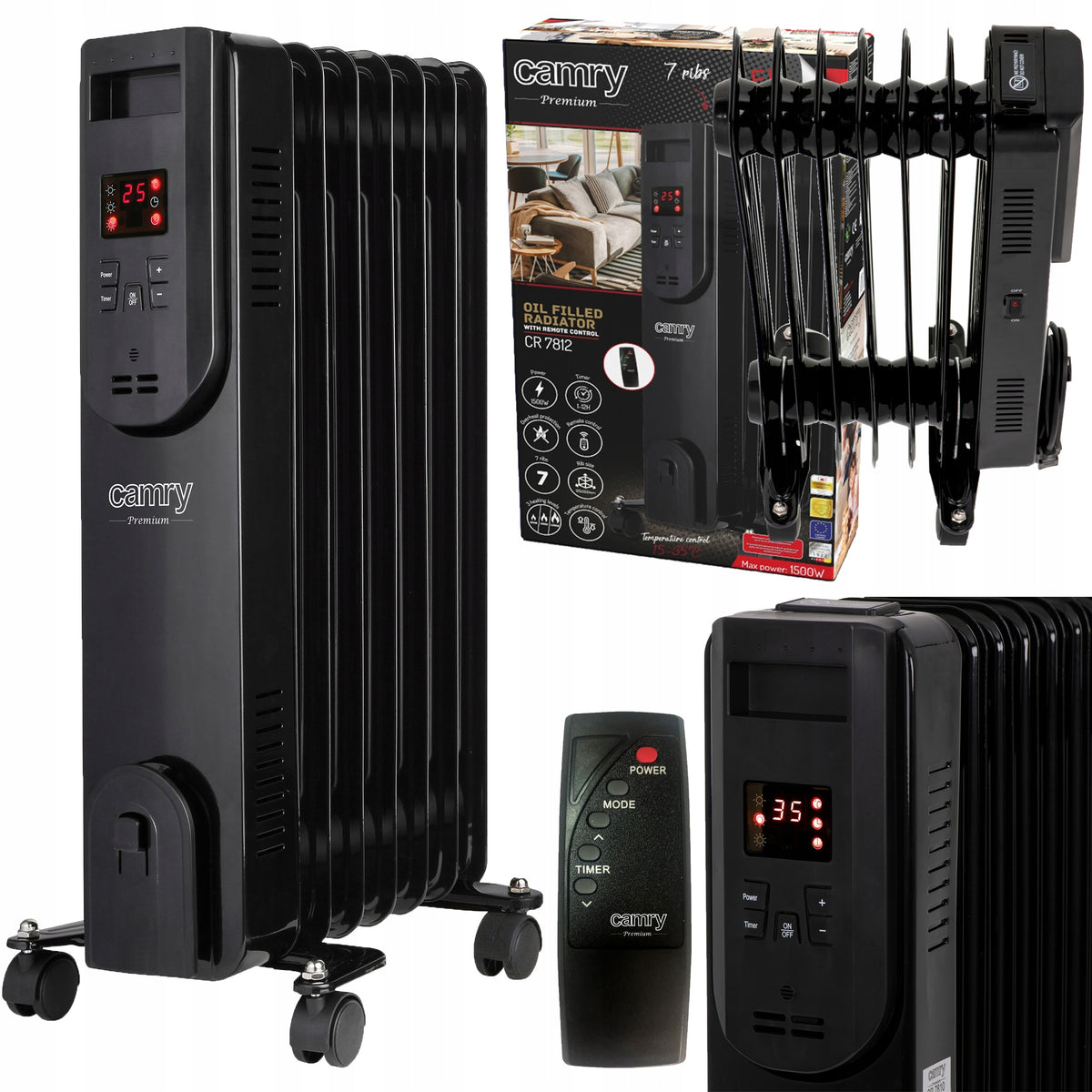 ELECTRIC OIL HEATER 1500W OILER 7 RIBS THERMOSTAT REMOTE CONTROL LED