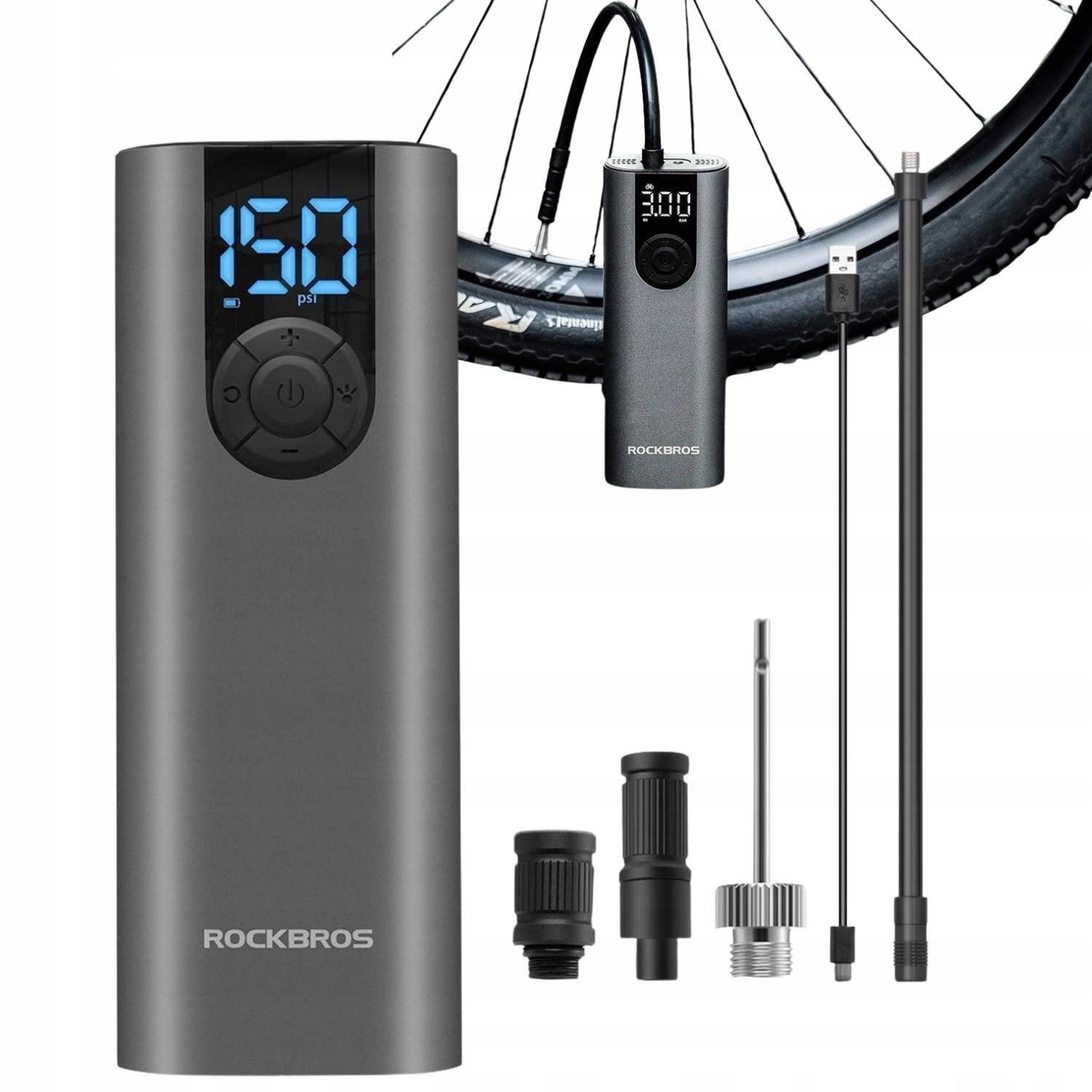ELECTRIC PUMP FOR TIRES, BICYCLE, MOTORCYCLE 150PSI 5200mAh USB-C ROCKBROS