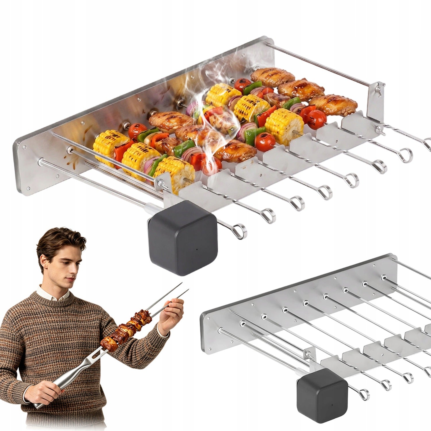ELECTRIC ROTARY GRILL AUTOMATIC 360° USB 10 SKEWERS SILVER