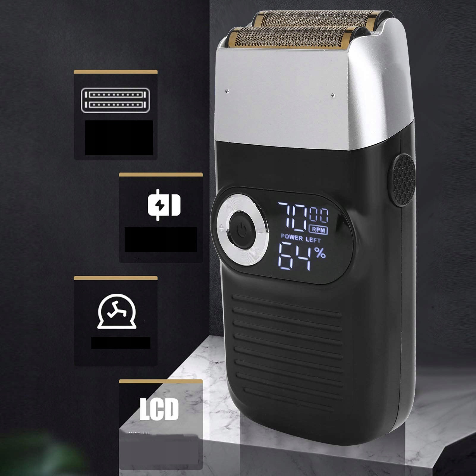 ELECTRIC SHAVER FOR MEN WITH LCD DISPLAY, BLACK, WITH USB CABLE Dominant color black