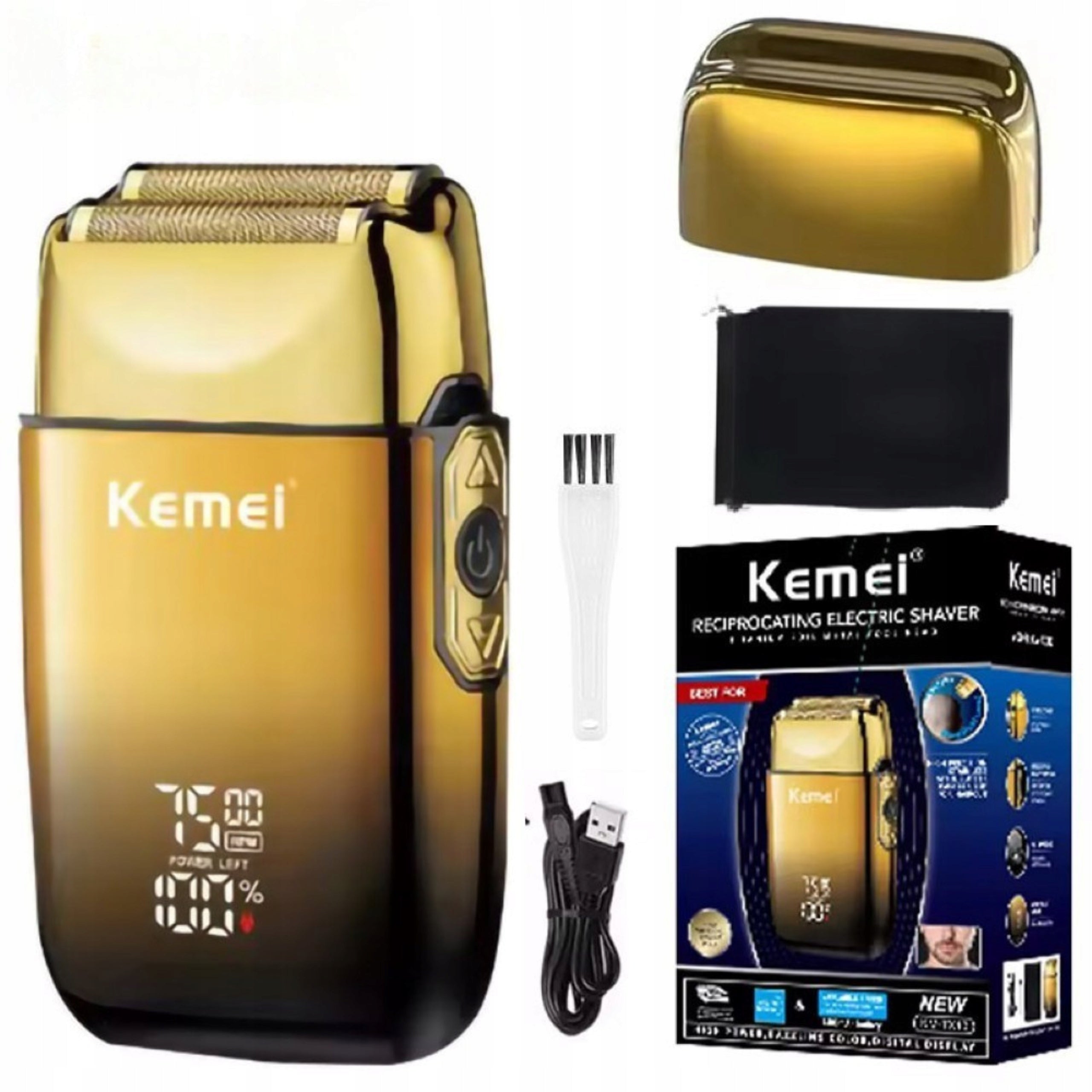 ELECTRIC SHAVER RAZOR KEMEI TX10 BEARD TRIMMER HEAD LED GOLD