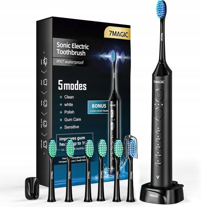ELECTRIC SONIC TOOTHBRUSH 7MAGIC 6 HEADS BLACK D36