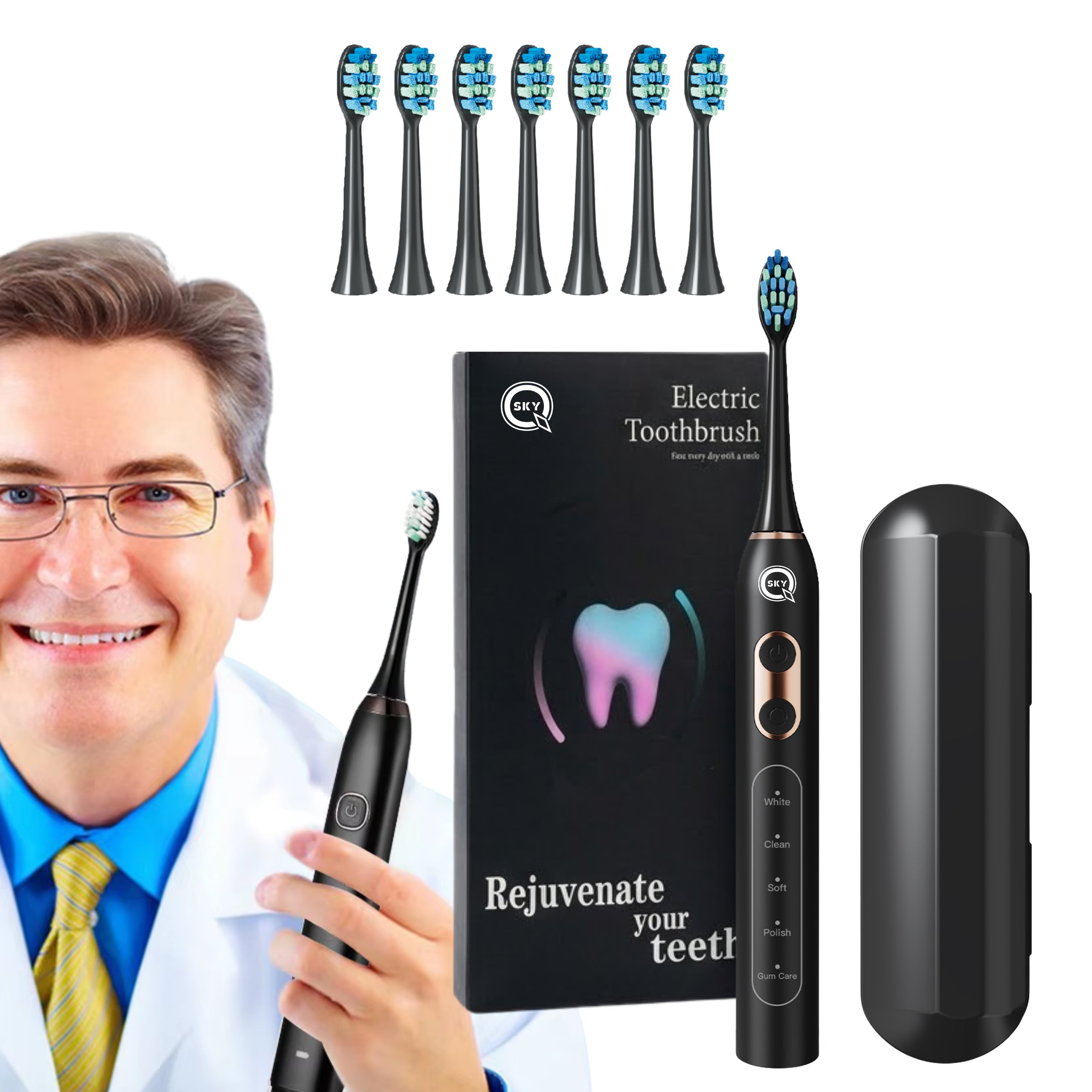 ELECTRIC SONIC TOOTHBRUSH BLACK 6 TIPS