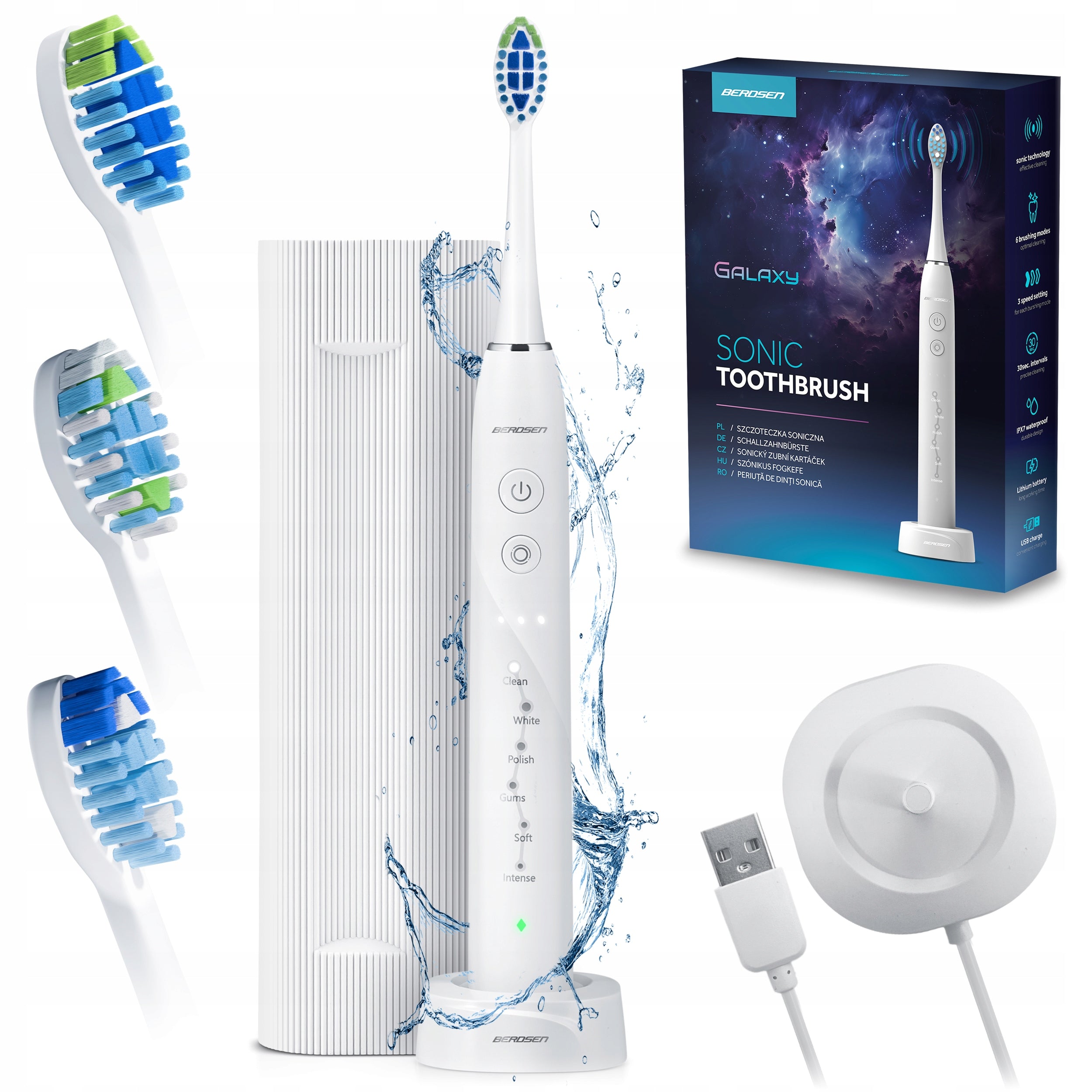ELECTRIC SONIC TOOTHBRUSH + CASE + TIPS BERDSEN GALAXY
