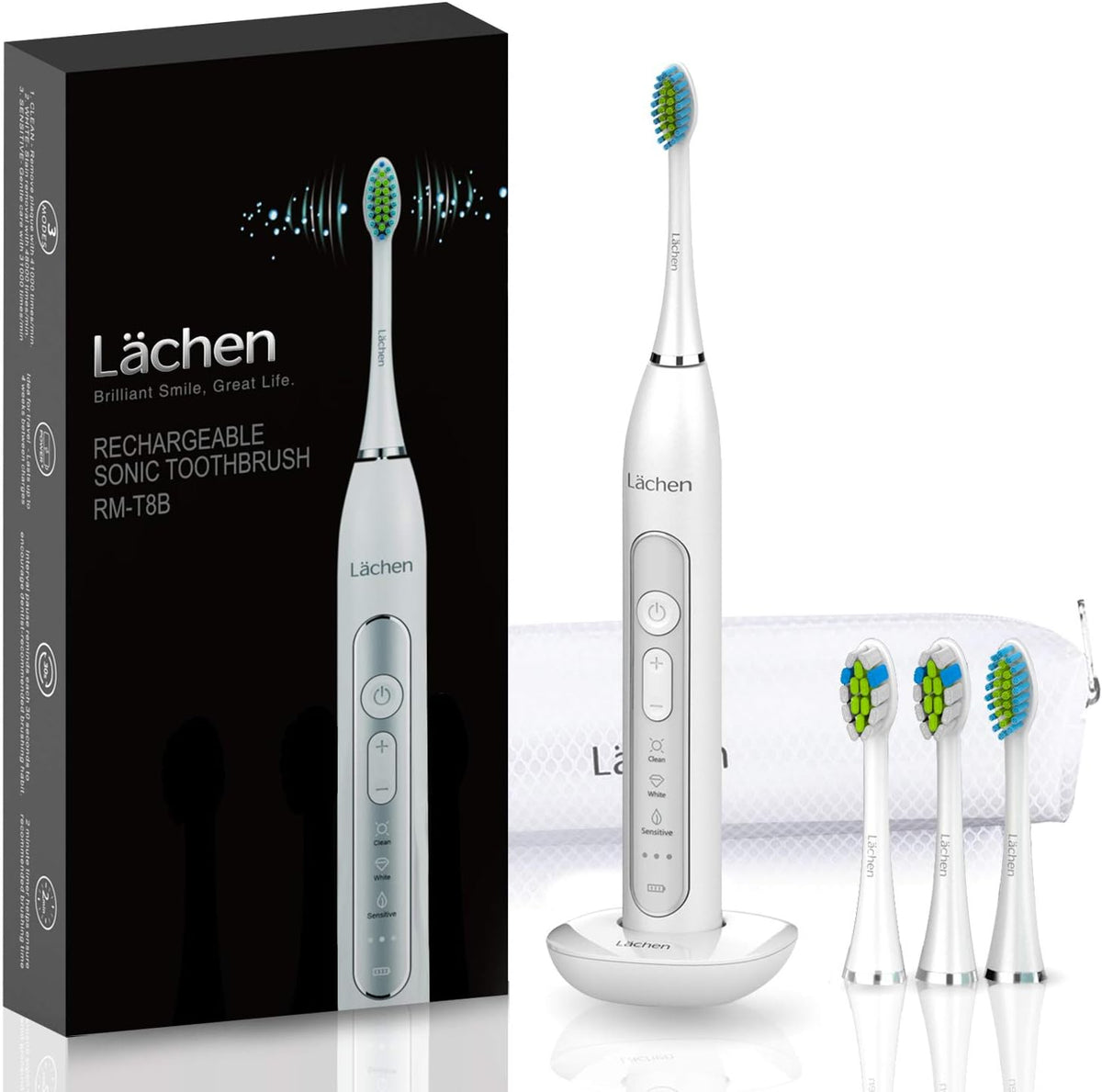 ELECTRIC SONIC TOOTHBRUSH LÄCHEN TIMER CASE 4GŁ White