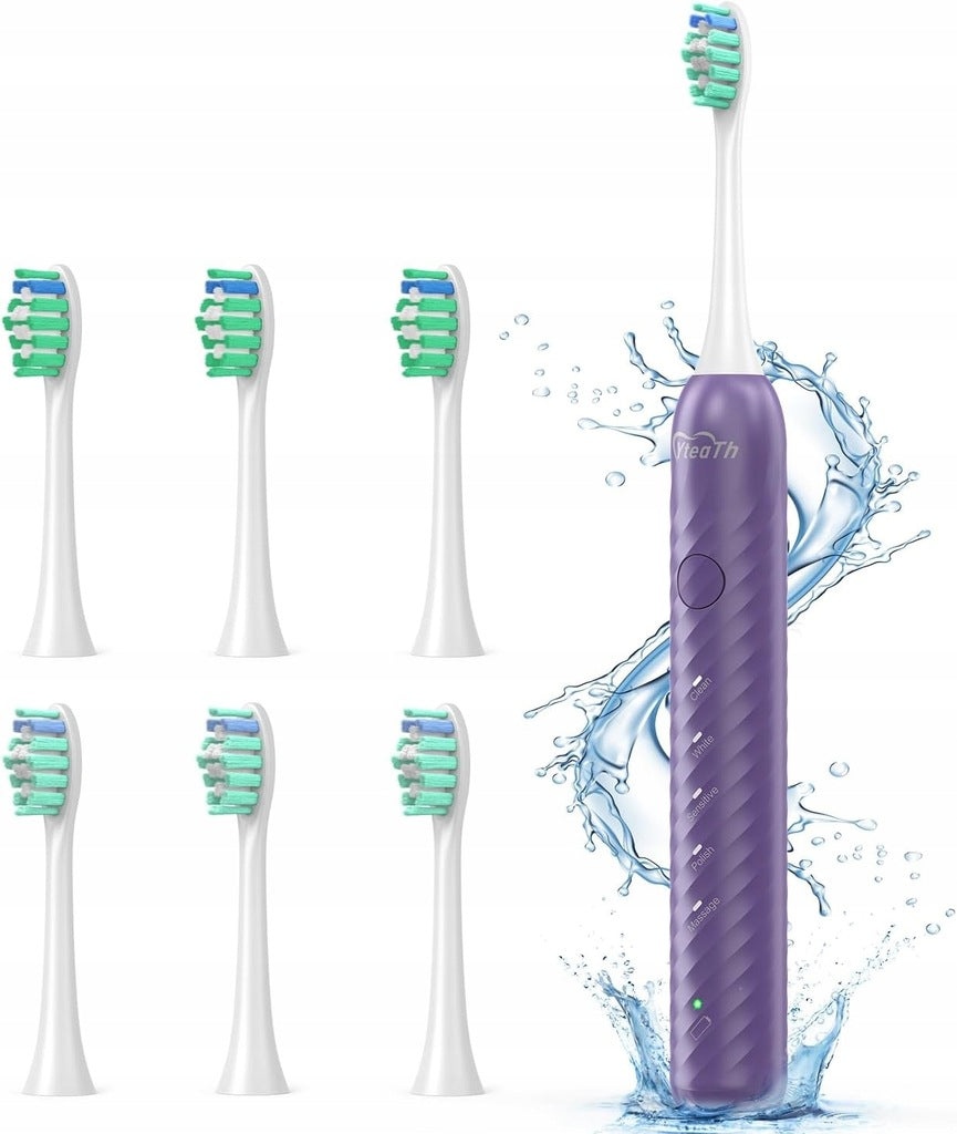 ELECTRIC SONIC TOOTHBRUSH PURPLE + 6 X REPLACEMENT TIPS