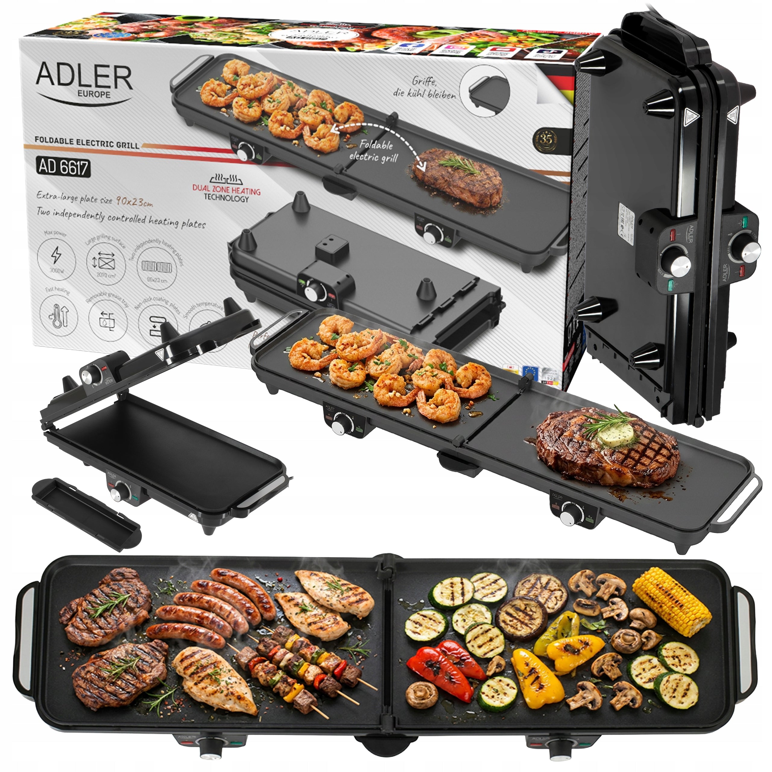 ELECTRIC TABLE GRILL FOLDING TOASTER 180° TEMP ADJUSTMENT 3000W