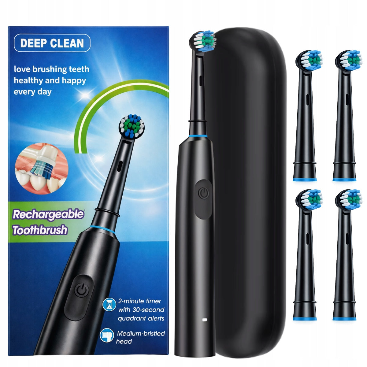 ELECTRIC TOOTHBRUSH DEEP CLEAN BLACK TIMER 2MIN + 4 HEADS
