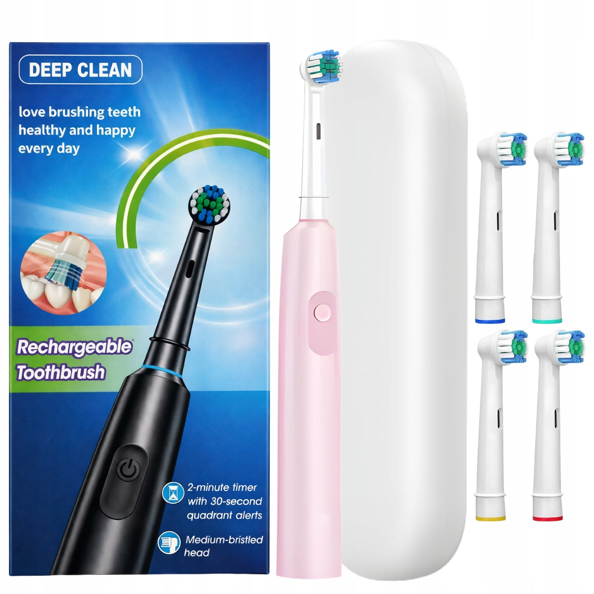 ELECTRIC TOOTHBRUSH DEEP CLEAN PINK TIMER 2MIN + 4 HEADS