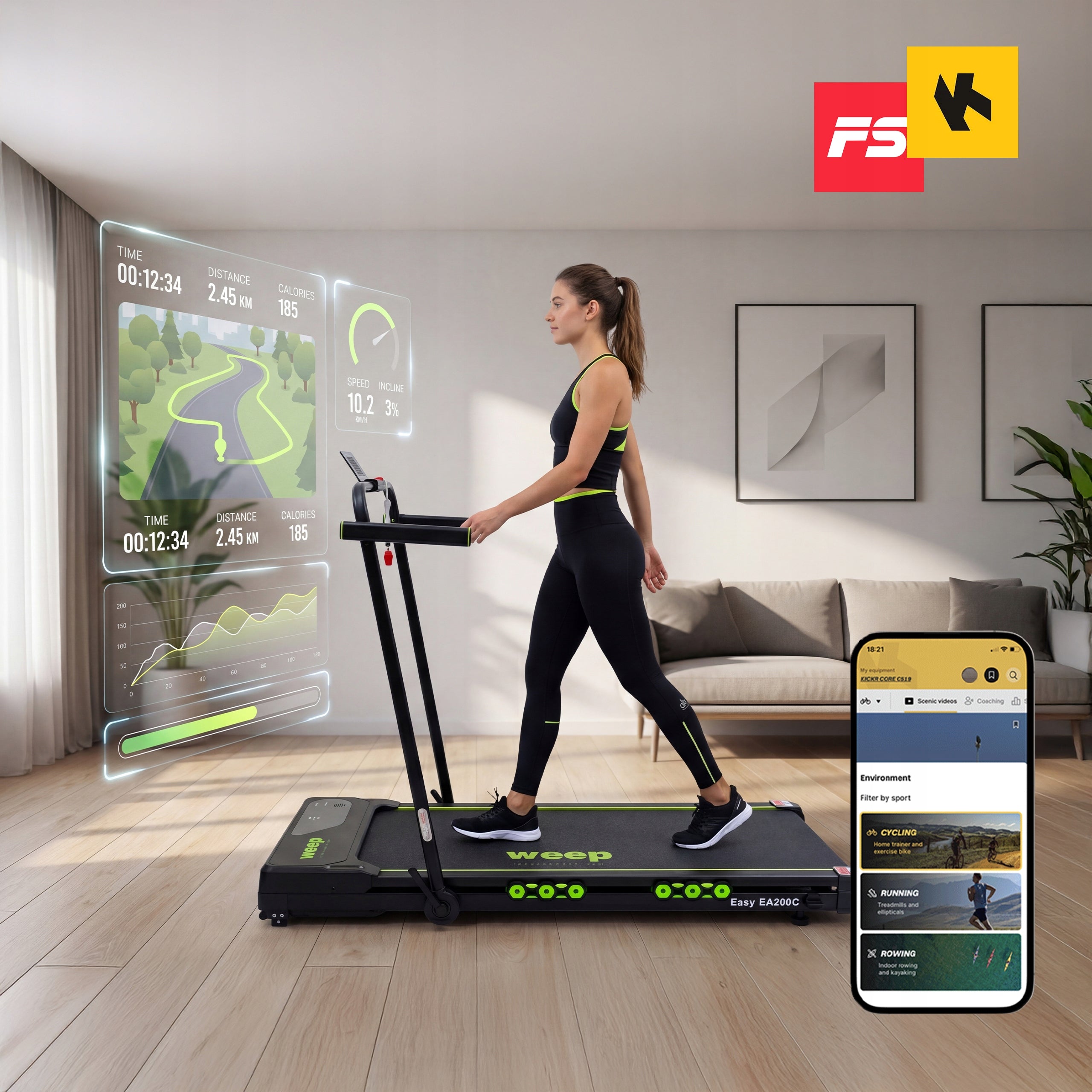 ELECTRIC TREADMILL FOLDING UNDER THE BED WEEP ADJUSTABLE ANGLE INCLINATION. 12km/h Maximum user weight 100 kg