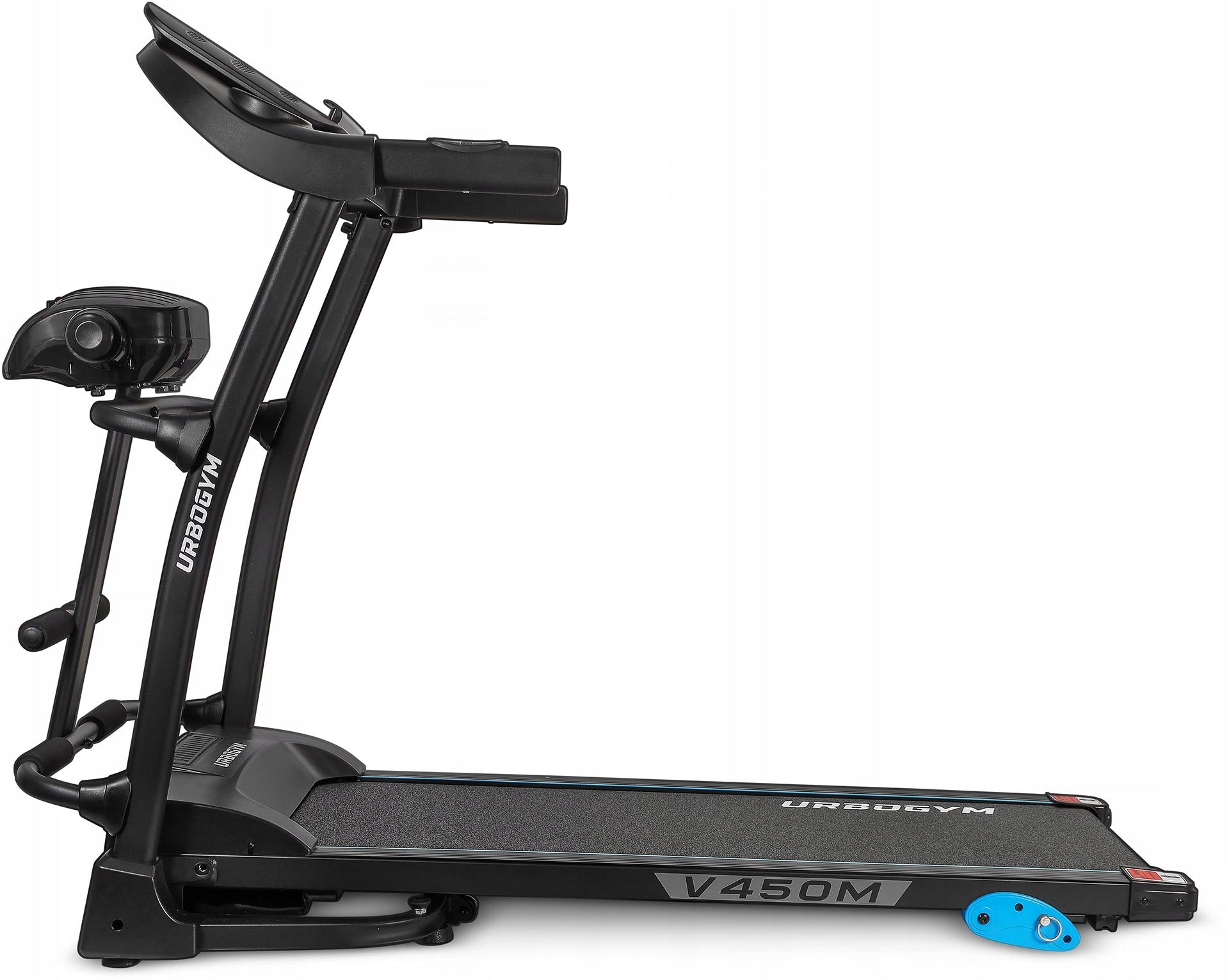 ELECTRIC TREADMILL V450M MASSAGER ANGLE OF INCLINATION FOLDING WITH SHOCK ABSORPTION Additional features speakers keyboard shortcuts safety key transport wheels place for water bottle place for mobile phone/tablet foldable training programs tilt angle adjustment touch sensors USB port display