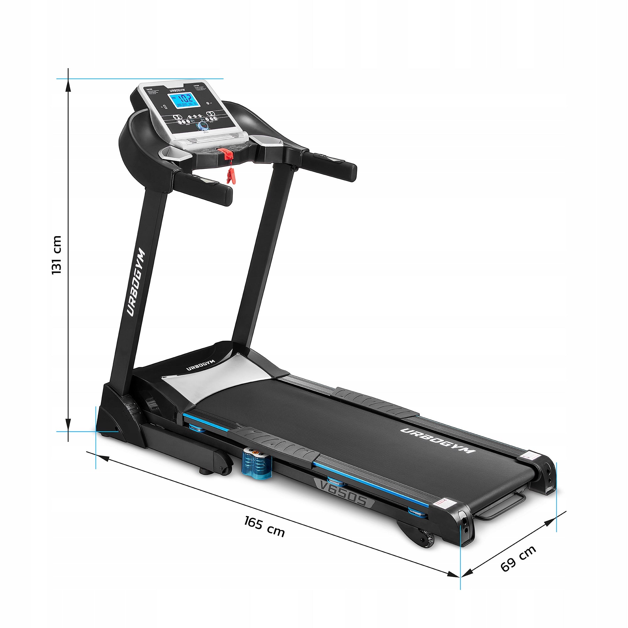 ELECTRIC TREADMILL V650S SHOCK ABSORPTION RAISE PULSE Additional features speakers keyboard shortcuts safety key transport wheels place for water bottle place for mobile phone/tablet foldable training programs tilt angle adjustment touch sensors headphone jack USB port display