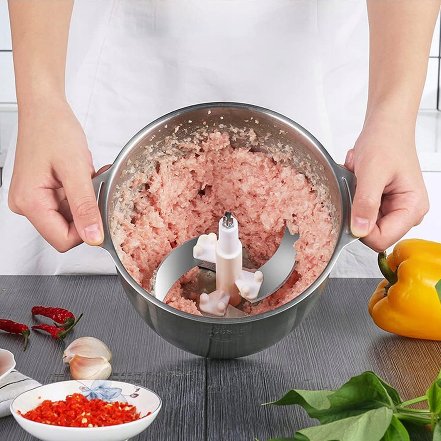 ELECTRIC VEGETABLE FRUIT MEAT MIXER GRINDER STAINLESS STEEL 300W 2L Dominant color silver/gray