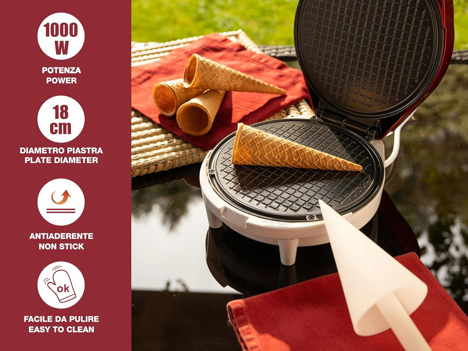 ELECTRIC WAFFLE IRON 1000W 18CM NONSTICK + CORNER ACCESSORIES Packaging status original