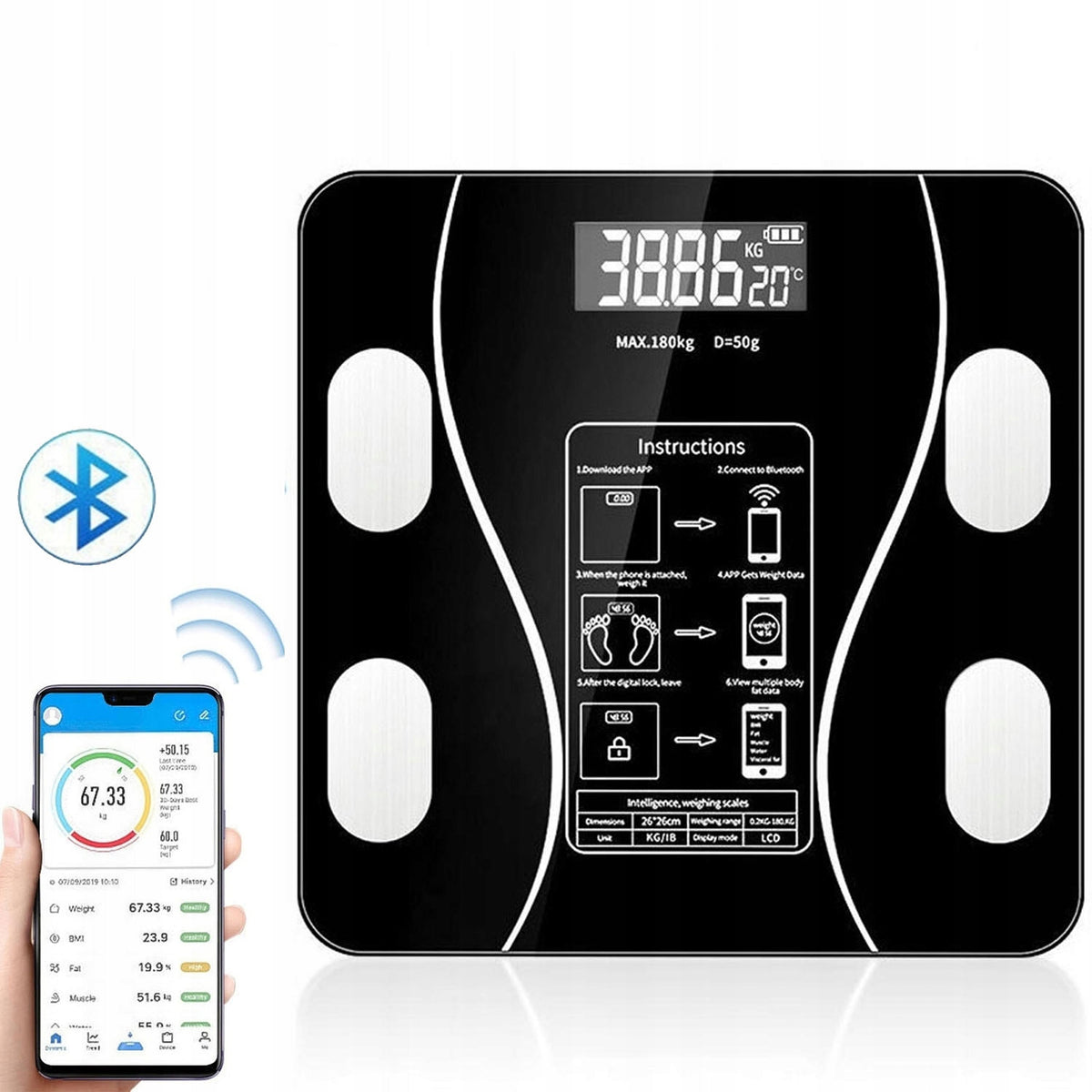 ELECTRONIC BATHROOM SCALE 180KG BLUETOOTH TEMPERED GLASS FOR OKOK +AKU