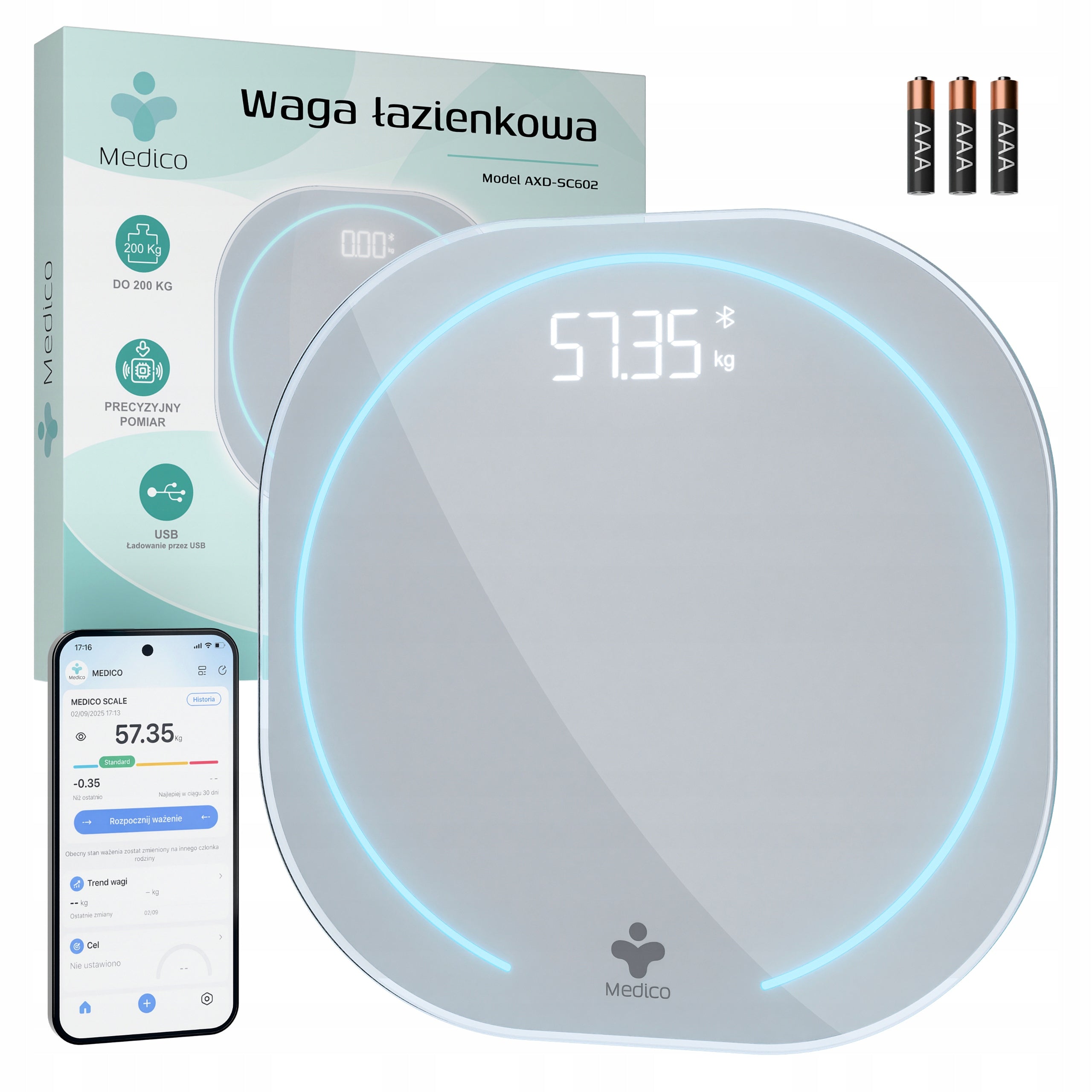 ELECTRONIC BATHROOM SCALE MEDICO, SMART, APPLICATION in Polish, BMI, SLIM