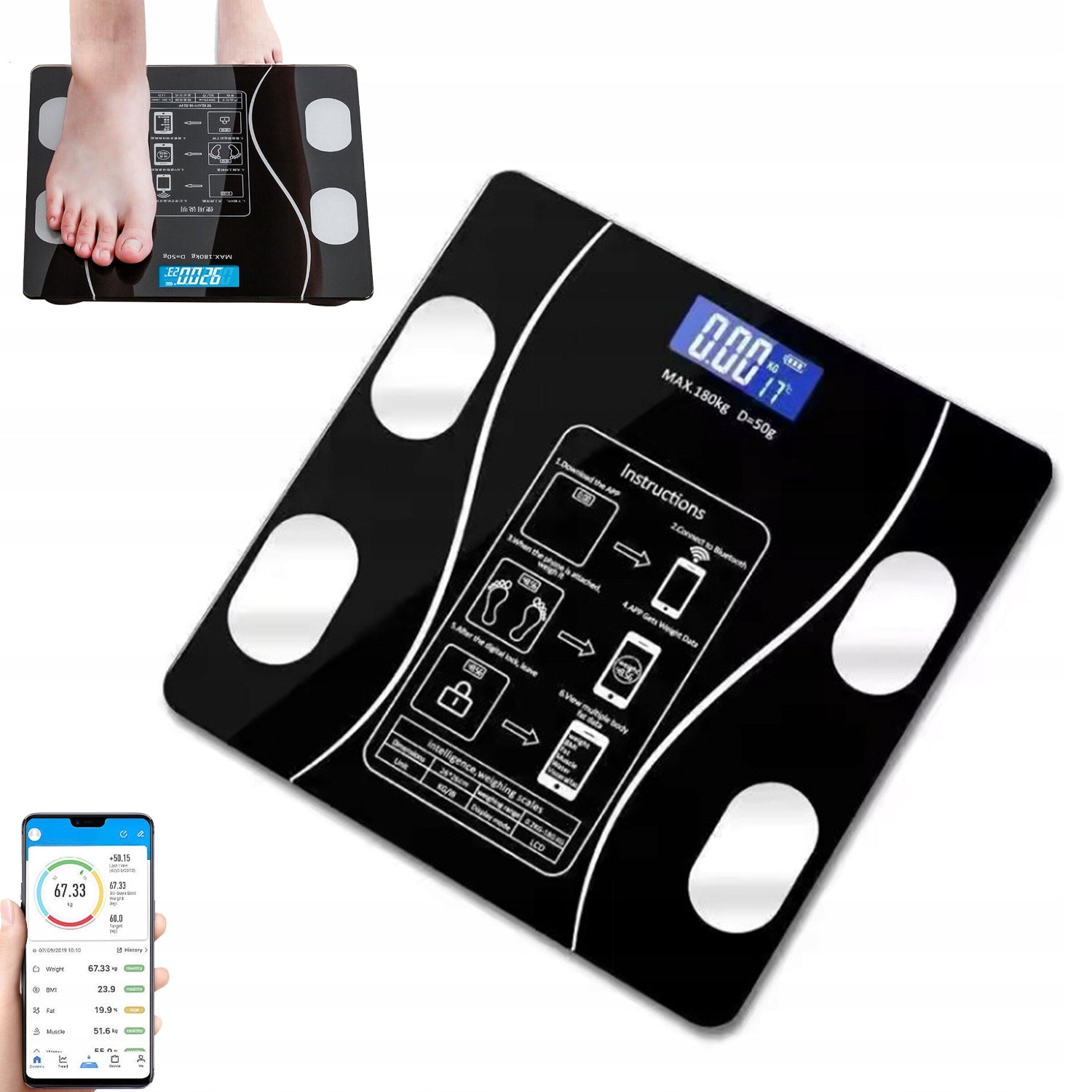 ELECTRONIC SCALE WITH BODY ANALYSIS FUNCTION AND LCD SCREEN BATTERY INCLUDED