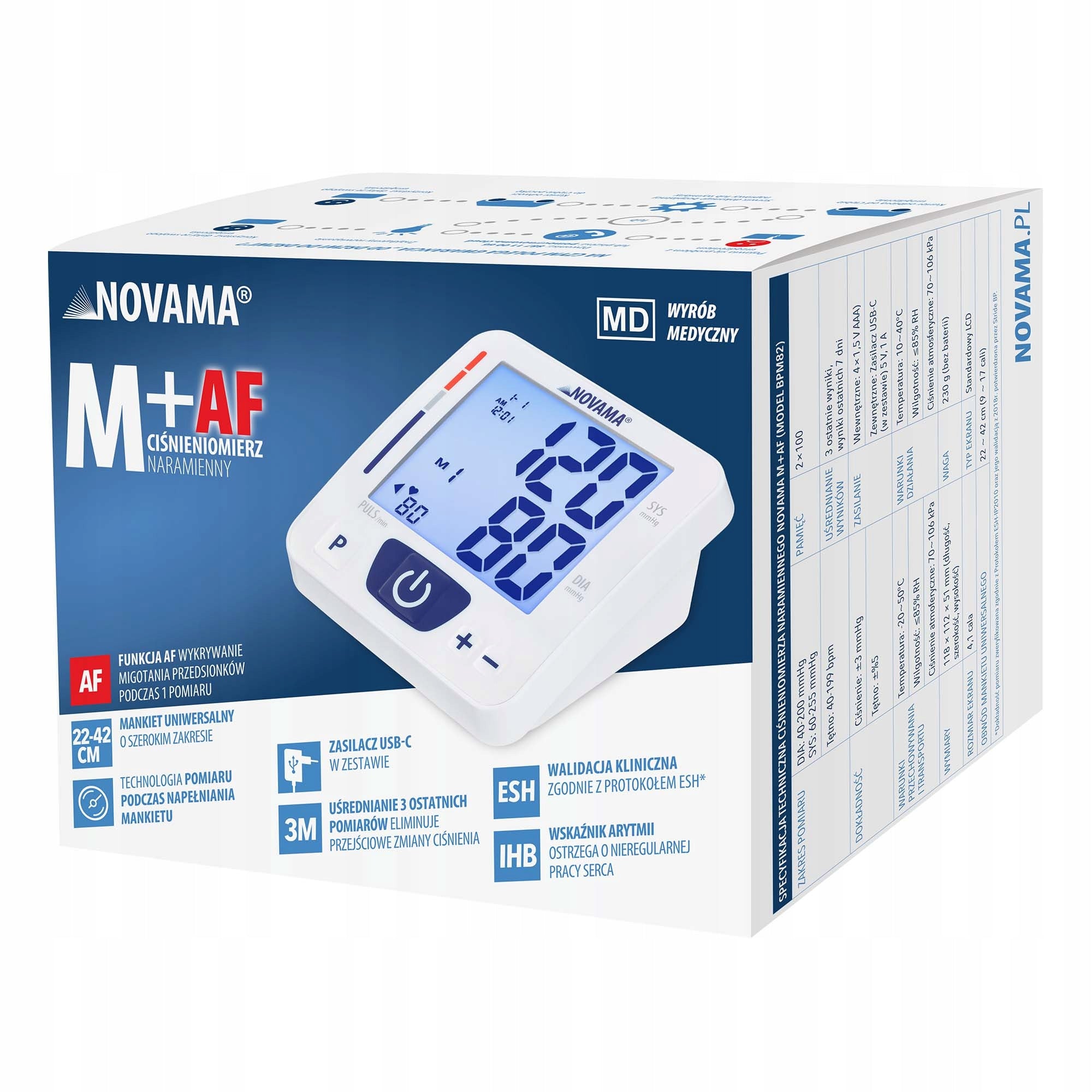 ELECTRONIC SHOULDER BLOOD PRESSURE MONITOR NOVAMA M+ AF POWER SUPPLY LARGE SCREEN EAN (GTIN) 5901793645803