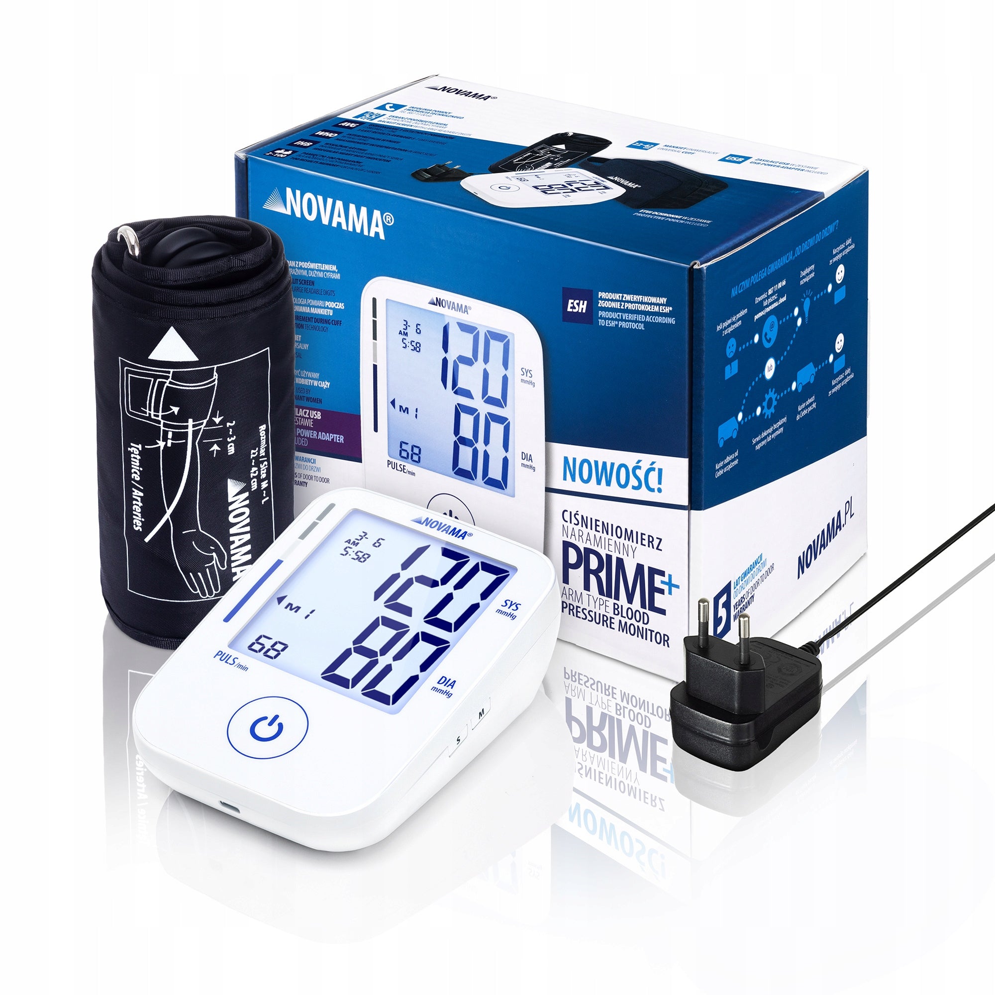 ELECTRONIC SHOULDER BLOOD PRESSURE MONITOR NOVAMA PRIME+ ESH ARRHYTHMIA POWER SUPPLY Packaging status original