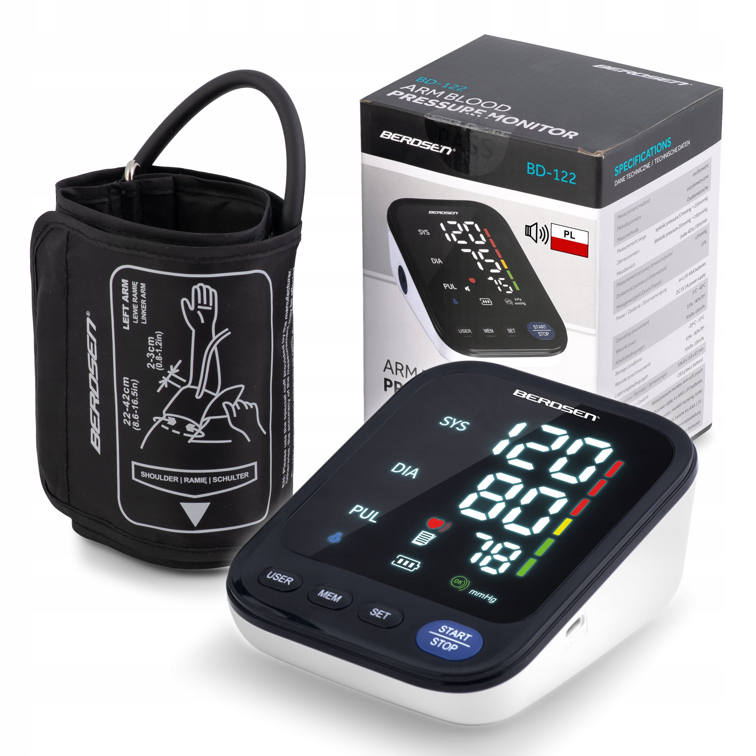 ELECTRONIC SHOULDER BLOOD PRESSURE MONITOR SPEAKS in Polish SLEEVE 22-42 Berdsen