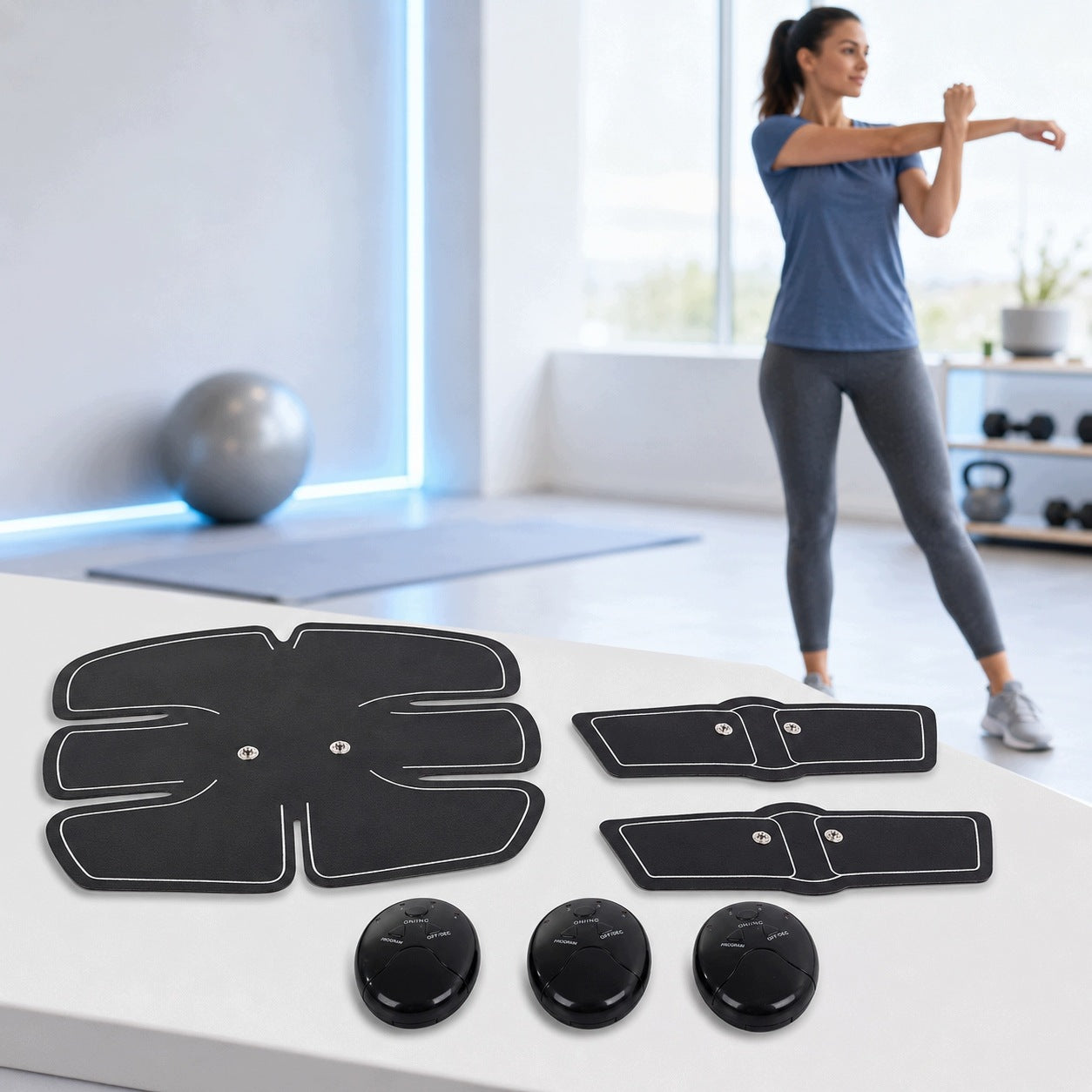 ELECTROSTIMULATOR EMS 3IN1 ABDOMINAL THIGHS 6 HOME TRAINING PROGRAMS Manufacturer code IMPULSOWY TRENER MIĘŚNI Z 3 PANELAMI STERUJ