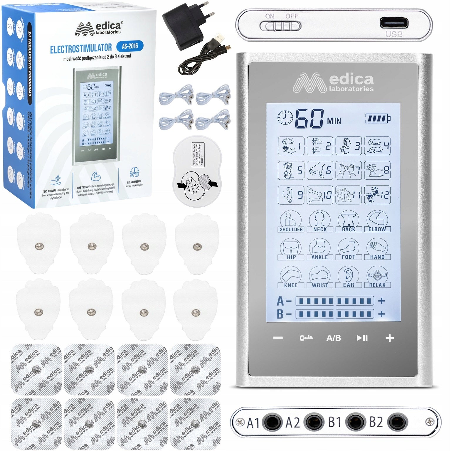 ELECTROSTIMULATOR TENS EMS MASSAGER + ELECTRODES 24 PROGRAMS SET Packaging status original