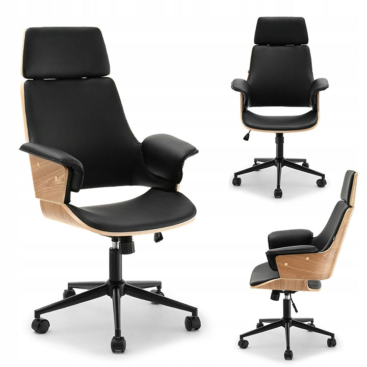 ELEGANT ARMCHAIR WITH HEADREST FOR OFFICE CLEMENS OAK BLACK ECO LEATHER