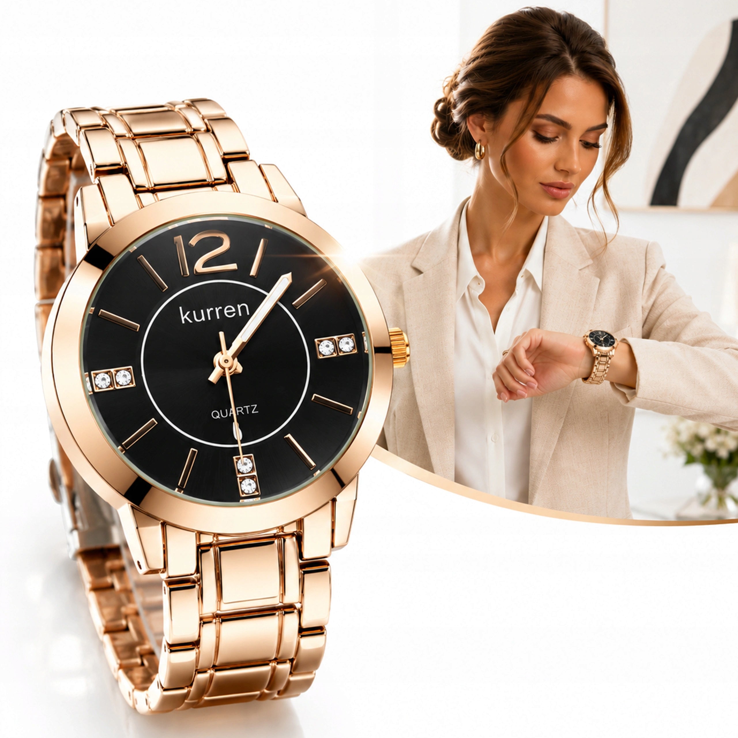 ELEGANT GOLD CLASSIC WATCH KURREN BRACELET ZIRCON QUARTZ 3ATM