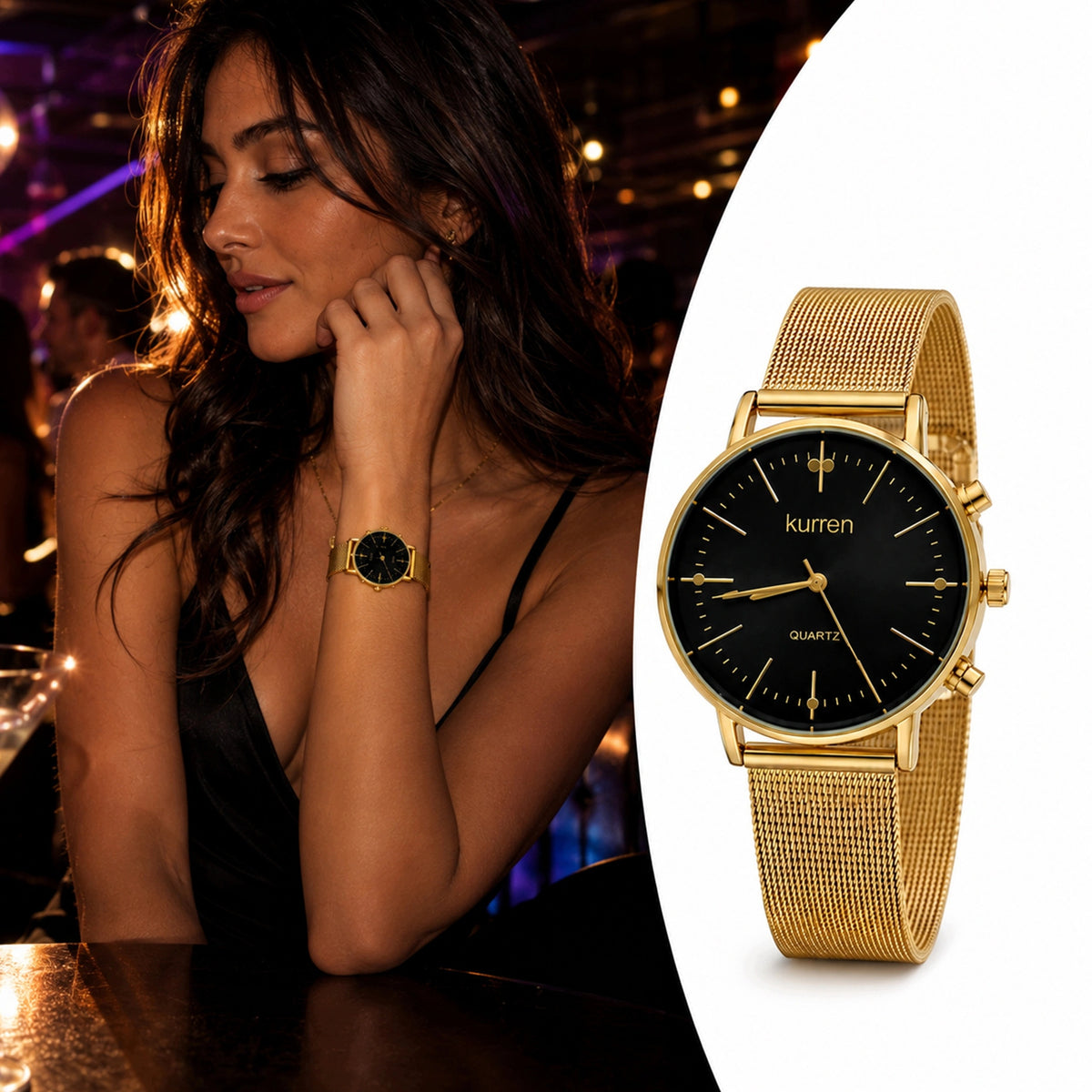ELEGANT GOLD WOMEN'S WATCH KURREN MESH JAPANESE QUARTZ MOVEMENT Brand Kurren
