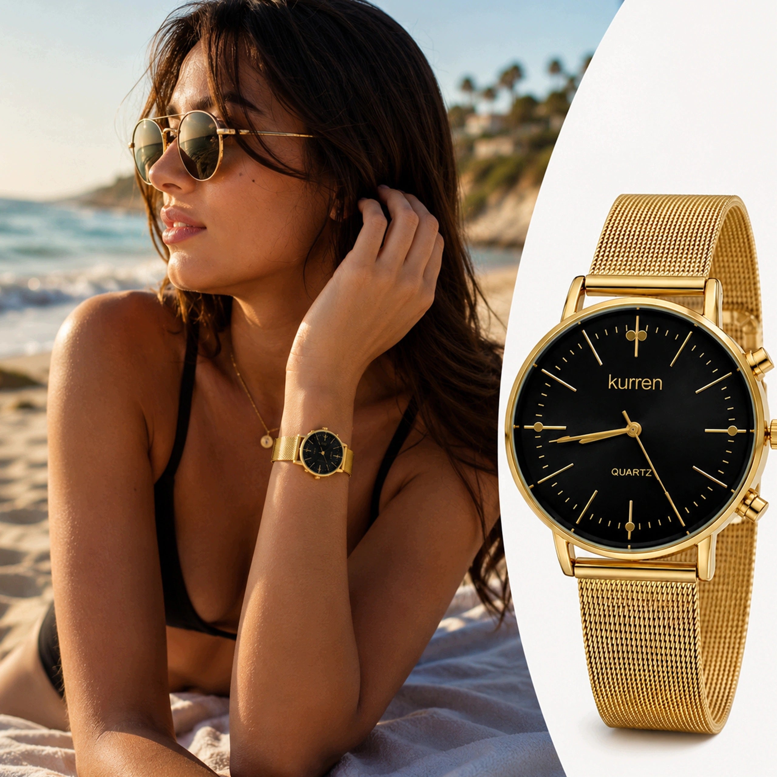 ELEGANT GOLD WOMEN'S WATCH KURREN MESH JAPANESE QUARTZ MOVEMENT