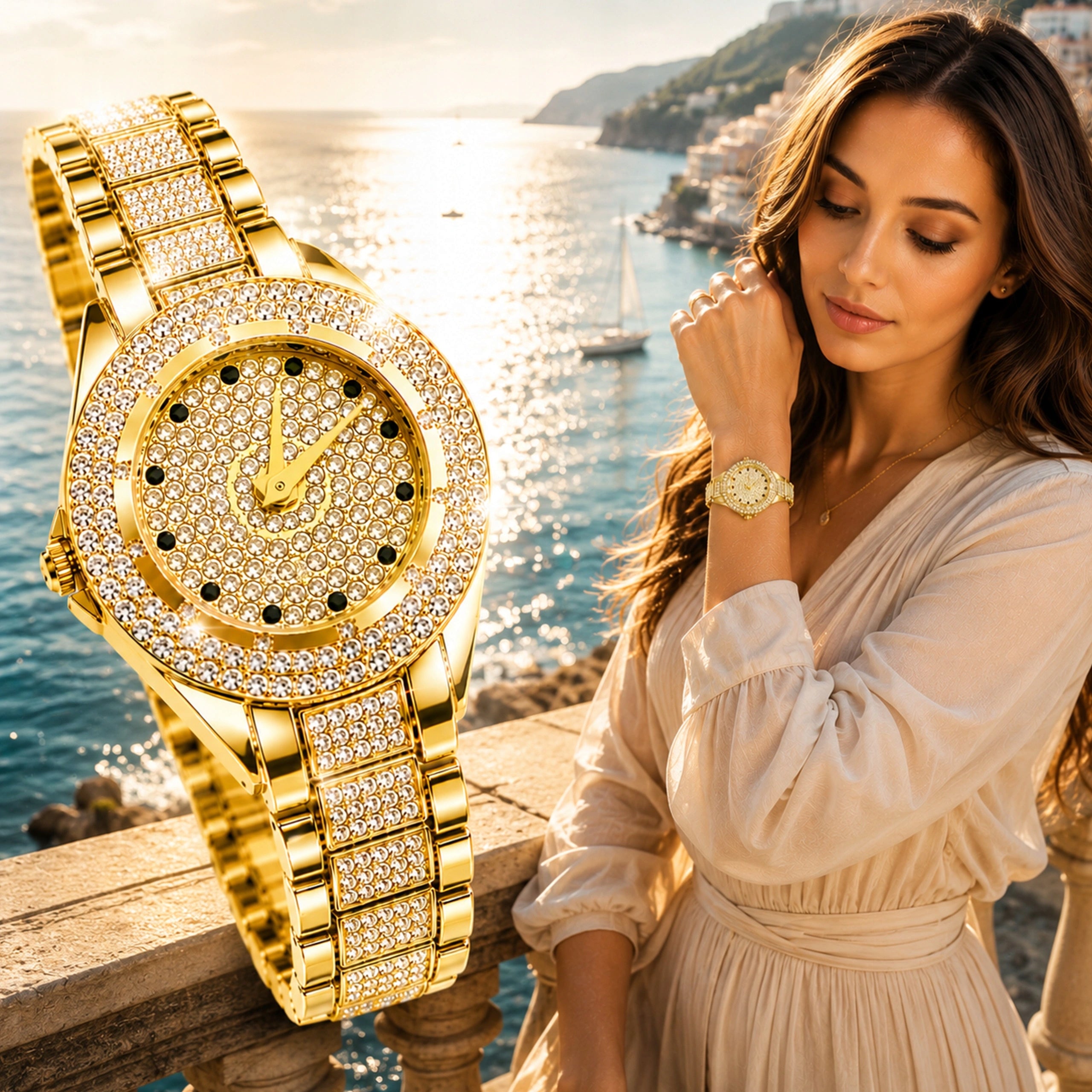 ELEGANT GOLD WOMEN'S WATCH KURREN QUARTZ RHINESTONES FOR GIFT FASHIONABLE Brand Kurren