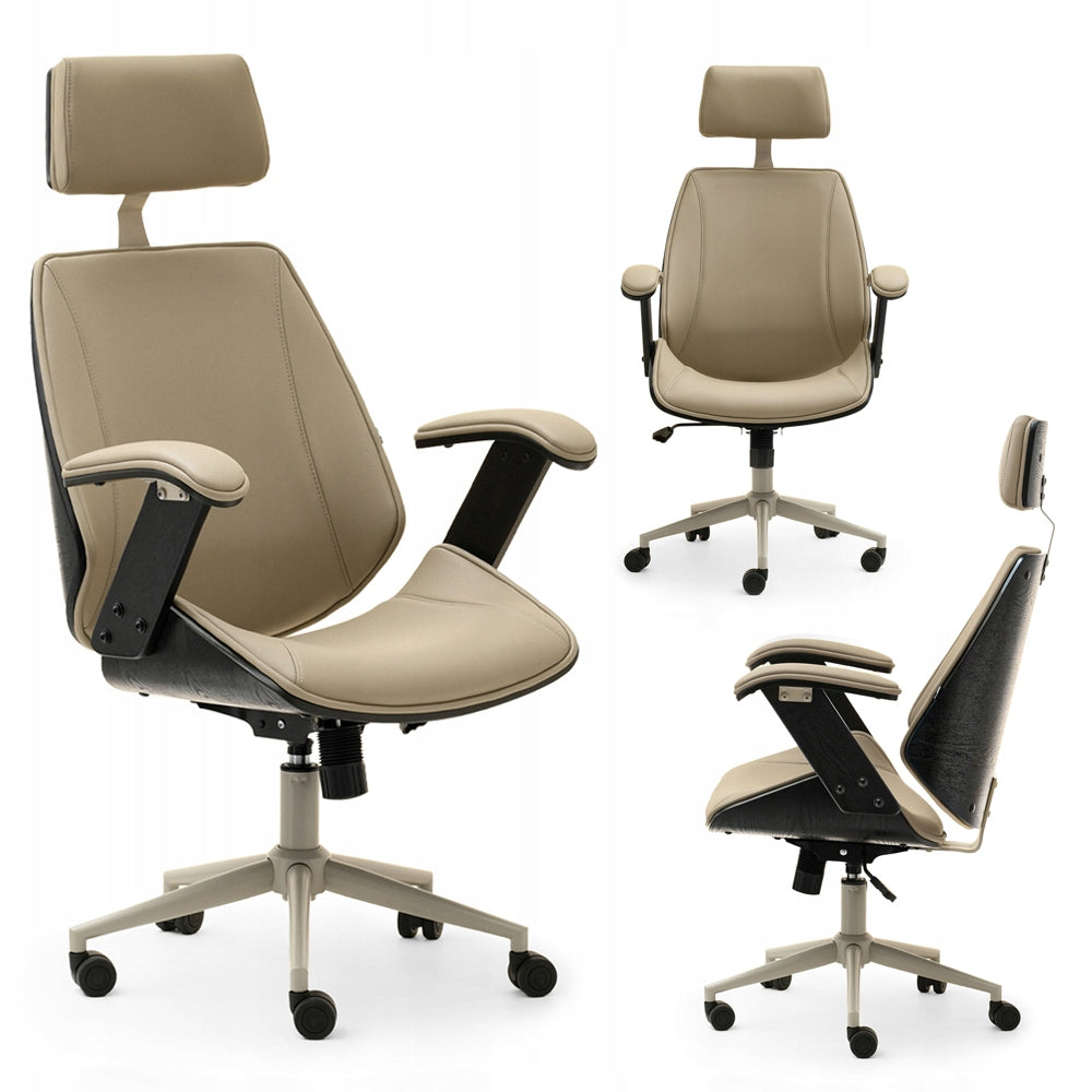 ELEGANT LEATHER OFFICE CHAIR BEIGE WOOD BLACK BENT FRANK LEGS BEIGE
