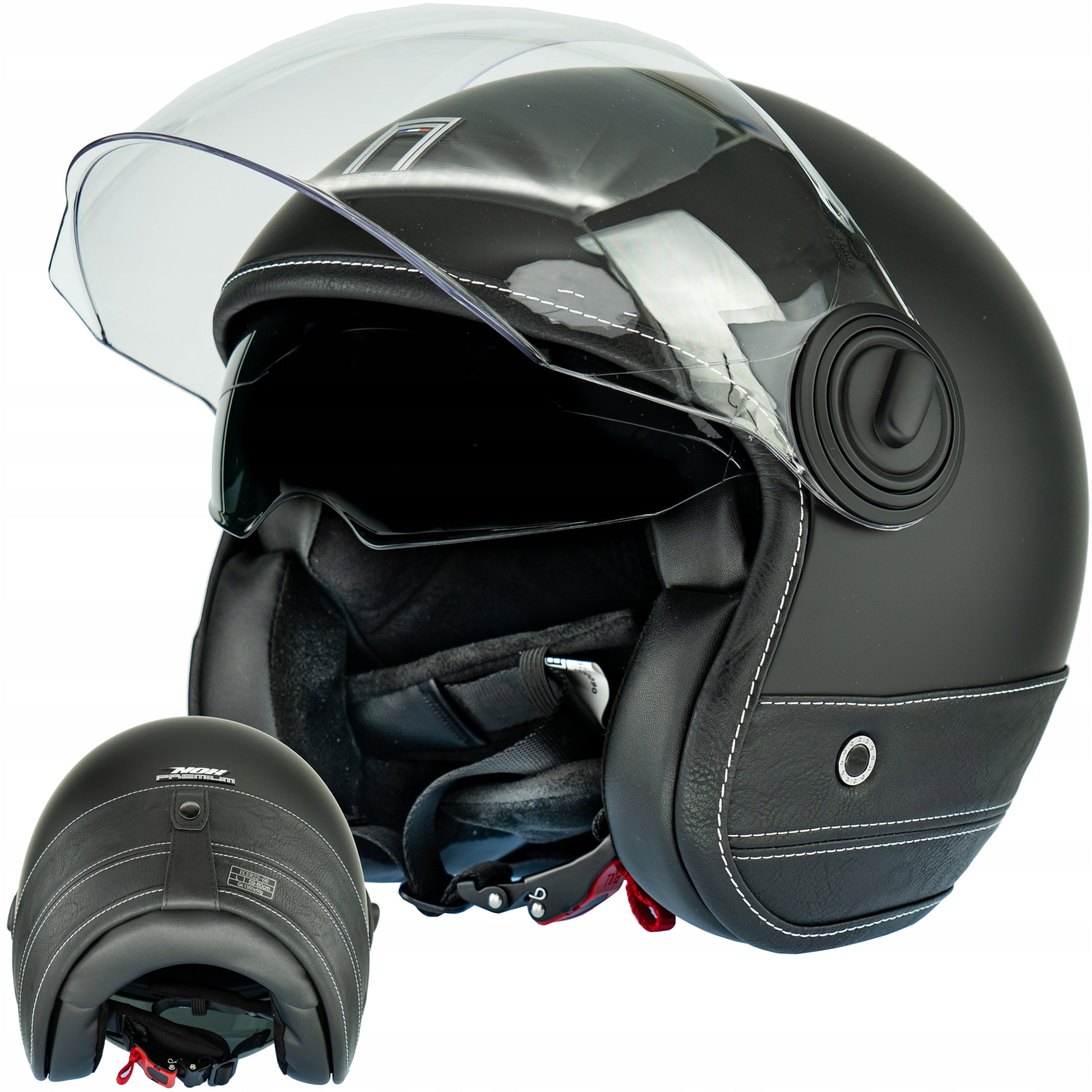 ELEGANT NEO-RETRO LINE BLACK LEATHER MOTORCYCLE HELMET PREMIUM NOX XS