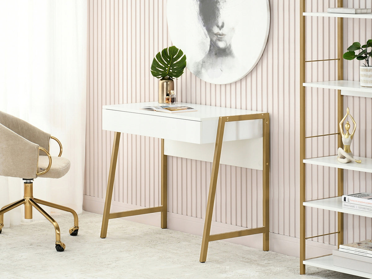 ELEGANT SMALL DESK WITH DRAWER FOR HOME OFFICE NORS WHITE WOOD GOLD Brand Mebel-Partner