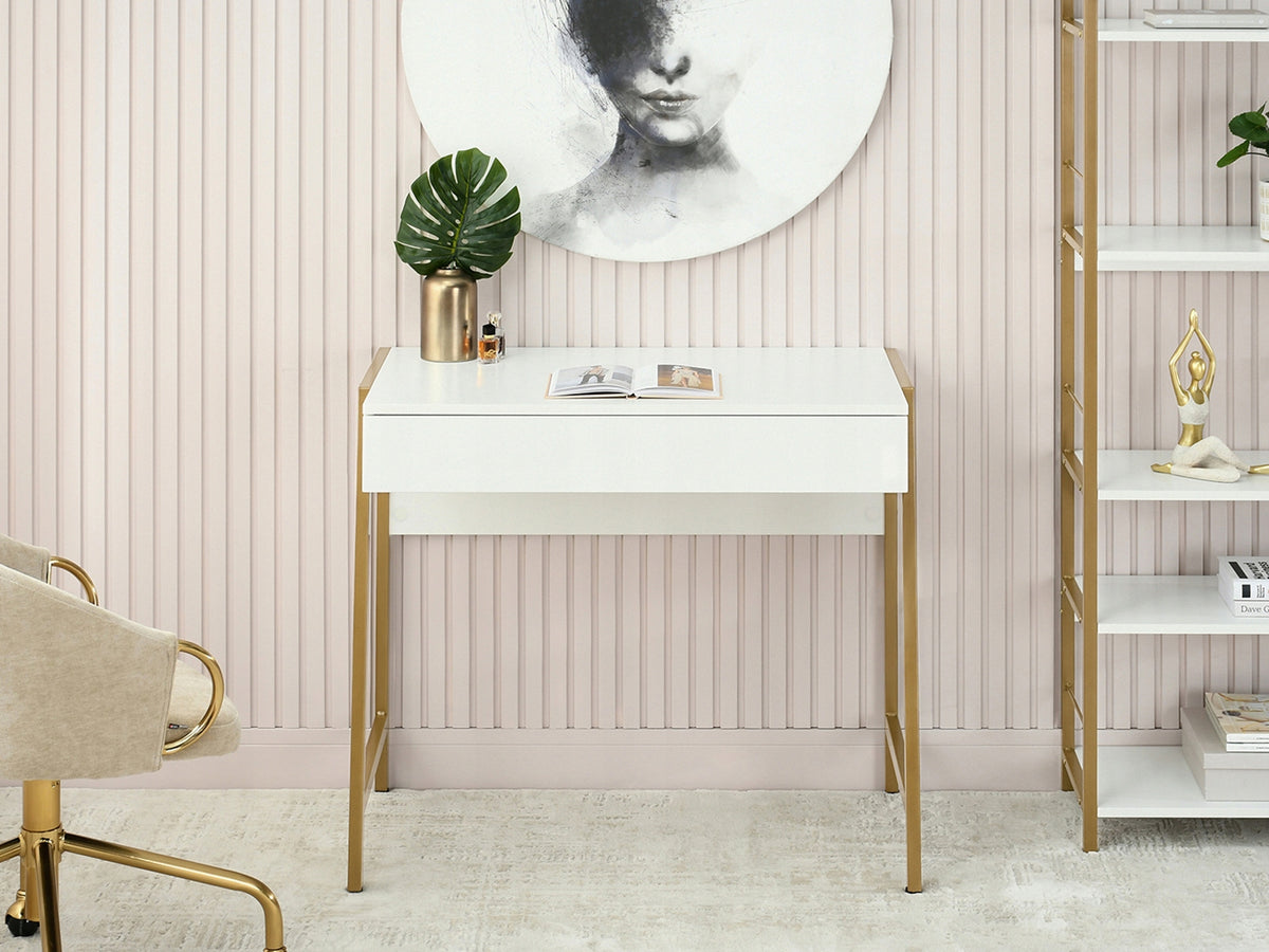 ELEGANT SMALL DESK WITH DRAWER FOR HOME OFFICE NORS WHITE WOOD GOLD Manufacturer code 5907698694182