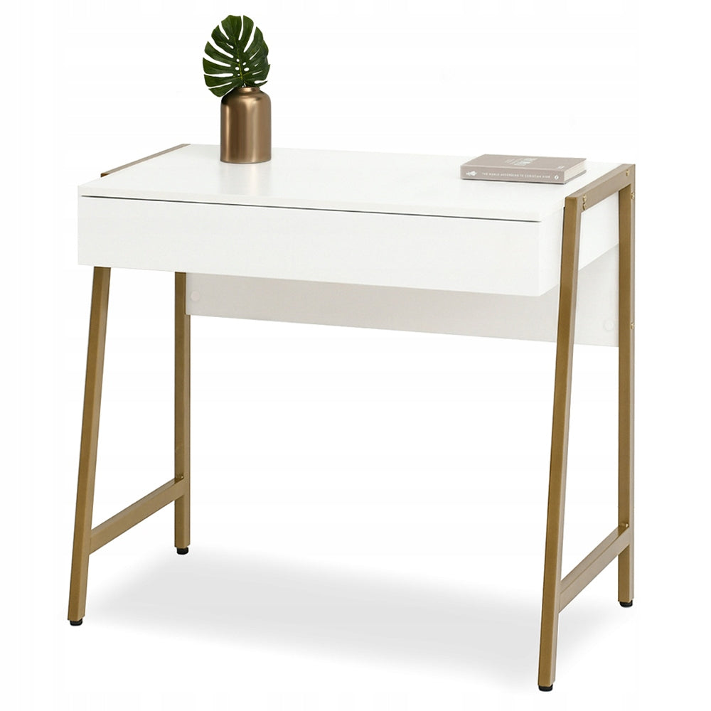 ELEGANT SMALL DESK WITH DRAWER FOR HOME OFFICE NORS WHITE WOOD GOLD