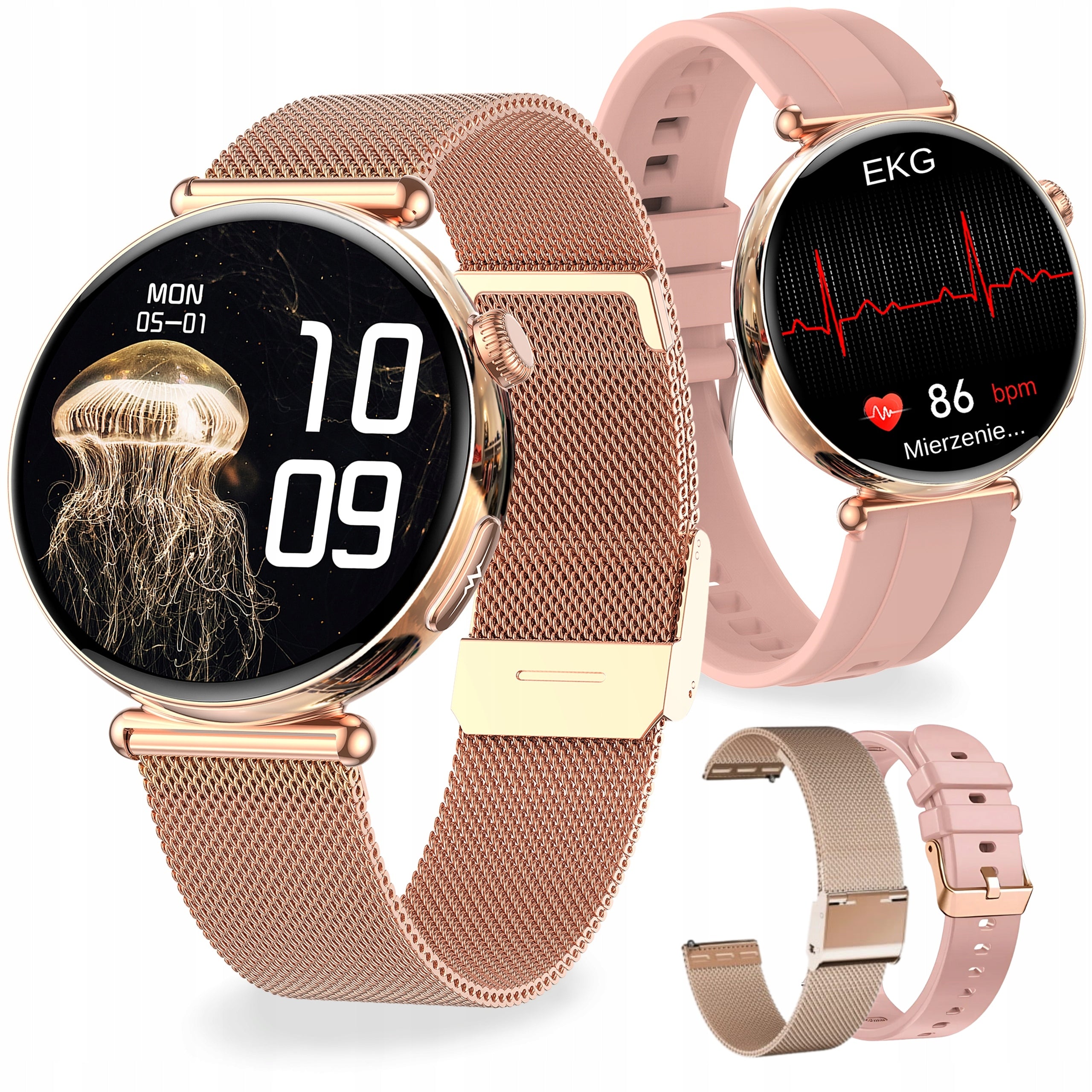 ELEGANT SMARTWATCH WOMEN'S GOLD AMOLED CARDIO EKG IP68 MENU PL 2 STRIPES