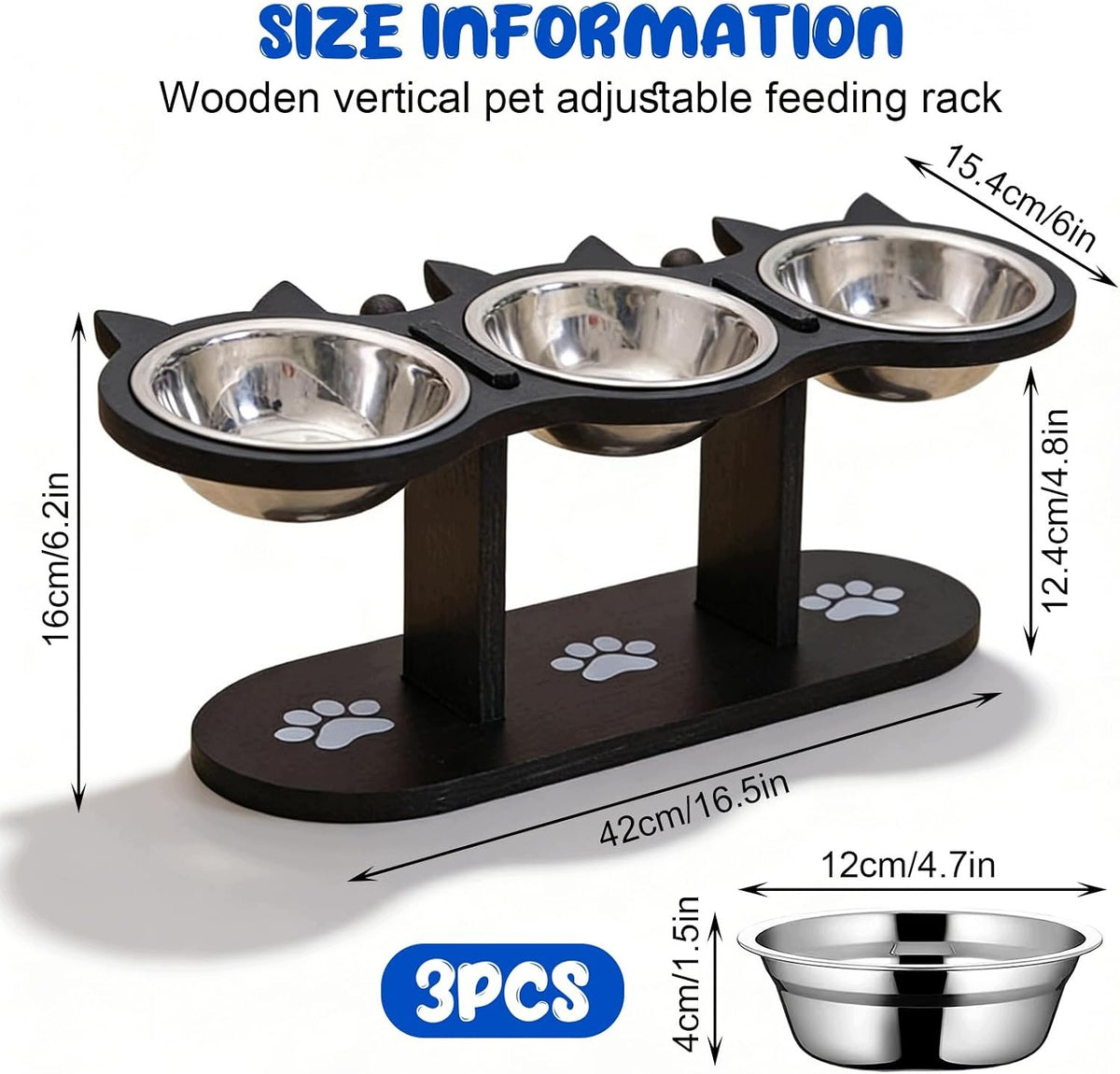 ELEVATED CAT BOWL 3 IN 1 STAINLESS STEEL WOOD 15° Brand AG
