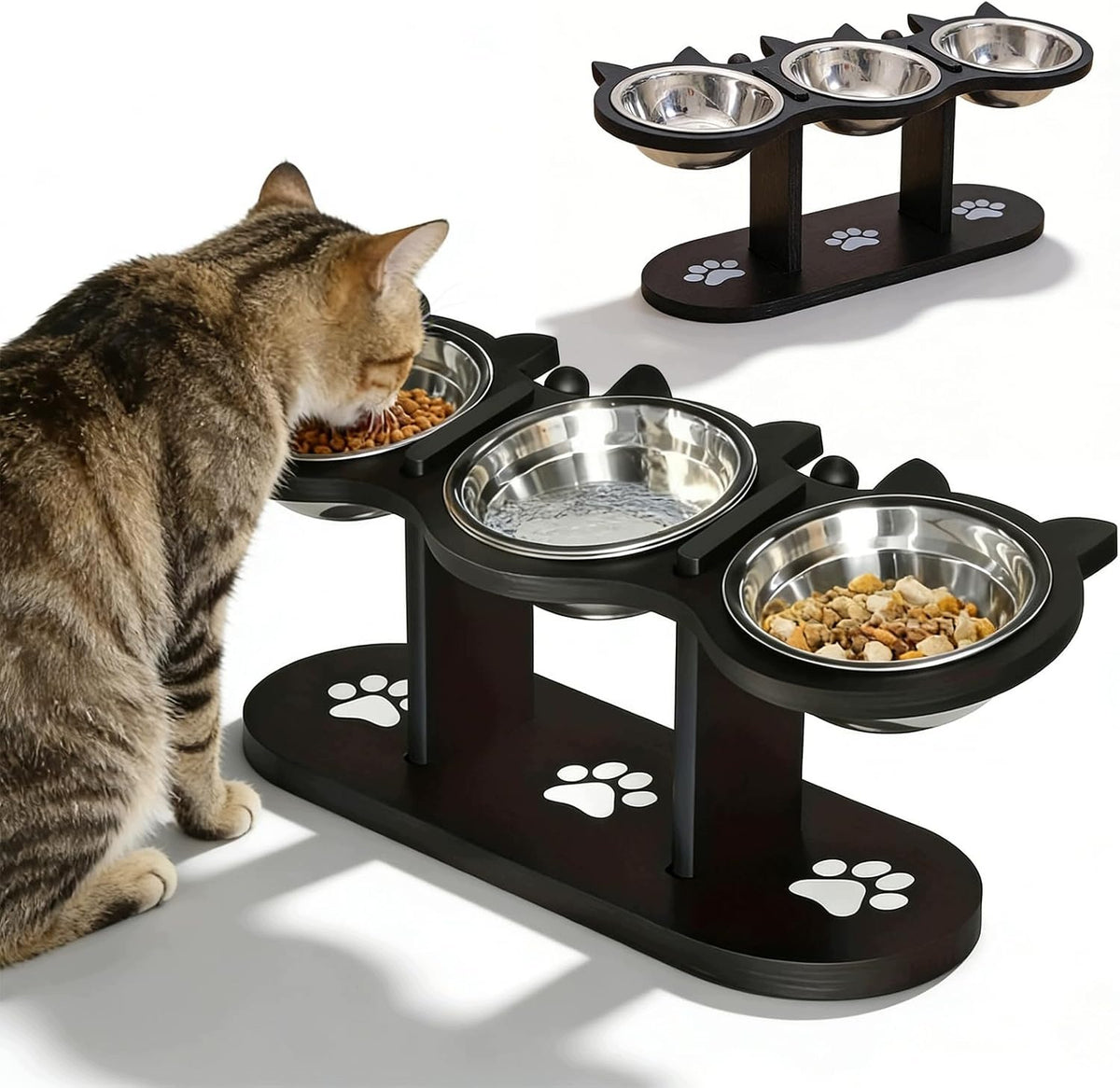 ELEVATED CAT BOWL 3 IN 1 STAINLESS STEEL WOOD 15°