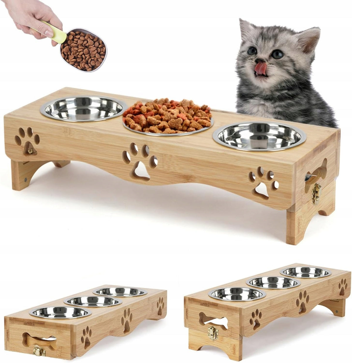 ELEVATED CAT BOWLS SET OF 3x WOOD STEEL ADJUSTABLE STABLE STAND