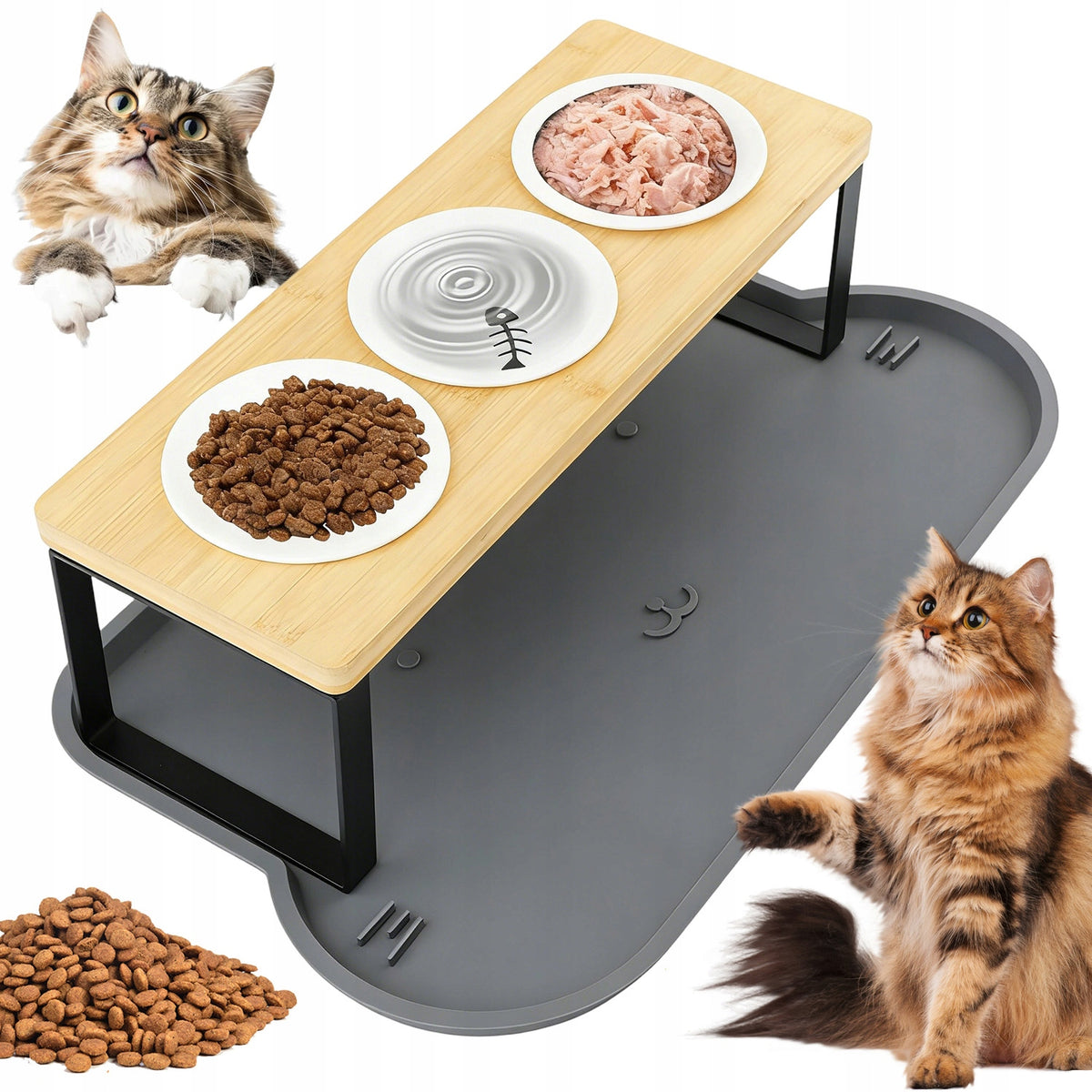 ELEVATED DOG AND CAT PET BOWL 3 BOWLS WITH WOODEN STAND