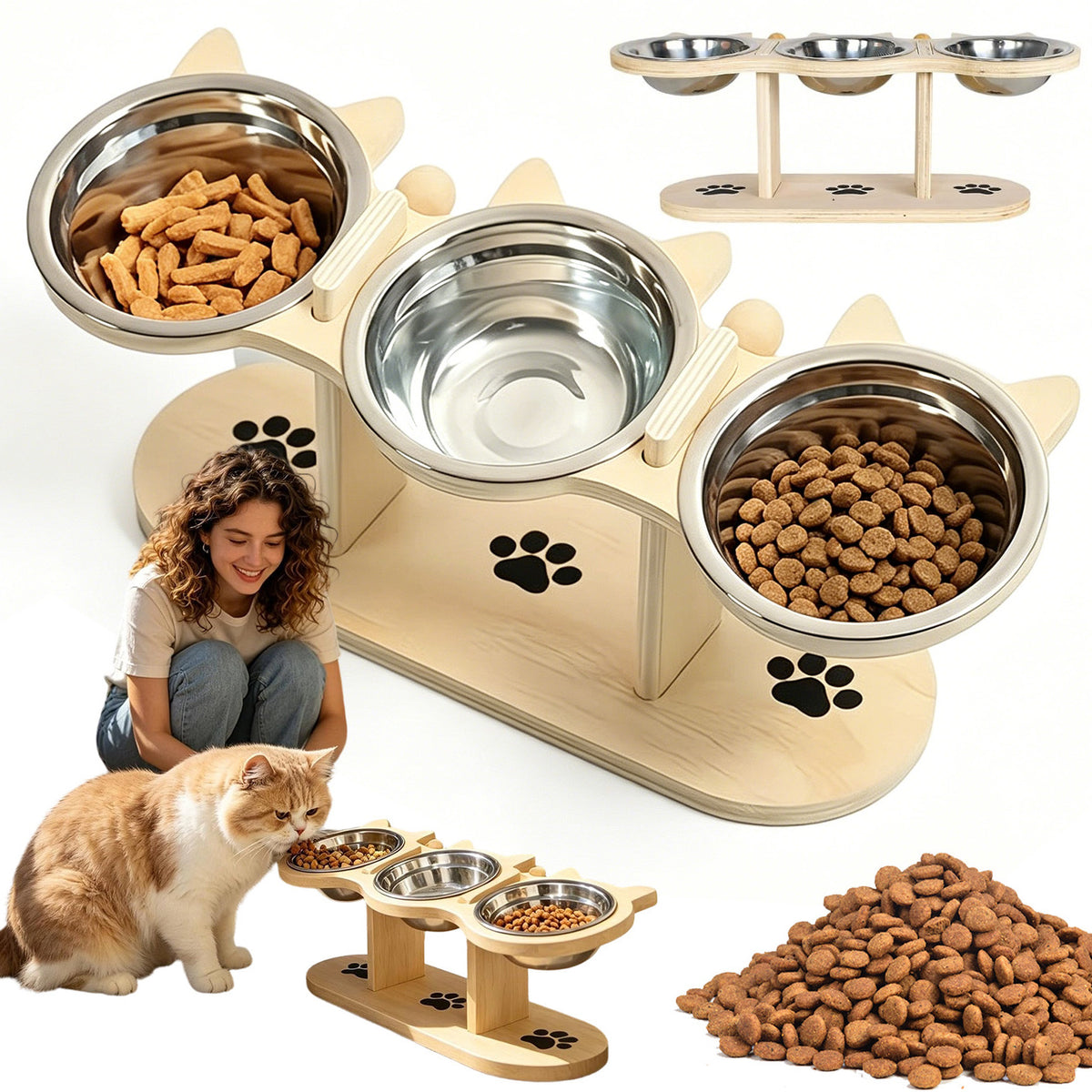 ELEVATED WOODEN CAT BOWL FOR MULTI-CAT HOMES Packaging status original