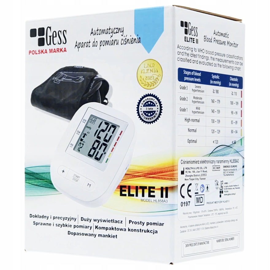 ELITE II SHOULDER BLOOD PRESSURE MONITOR AUTOMATIC CASE + BATTERIES GESS Manufacturer of a medical device HEALTH & LIFE CO., LTD.