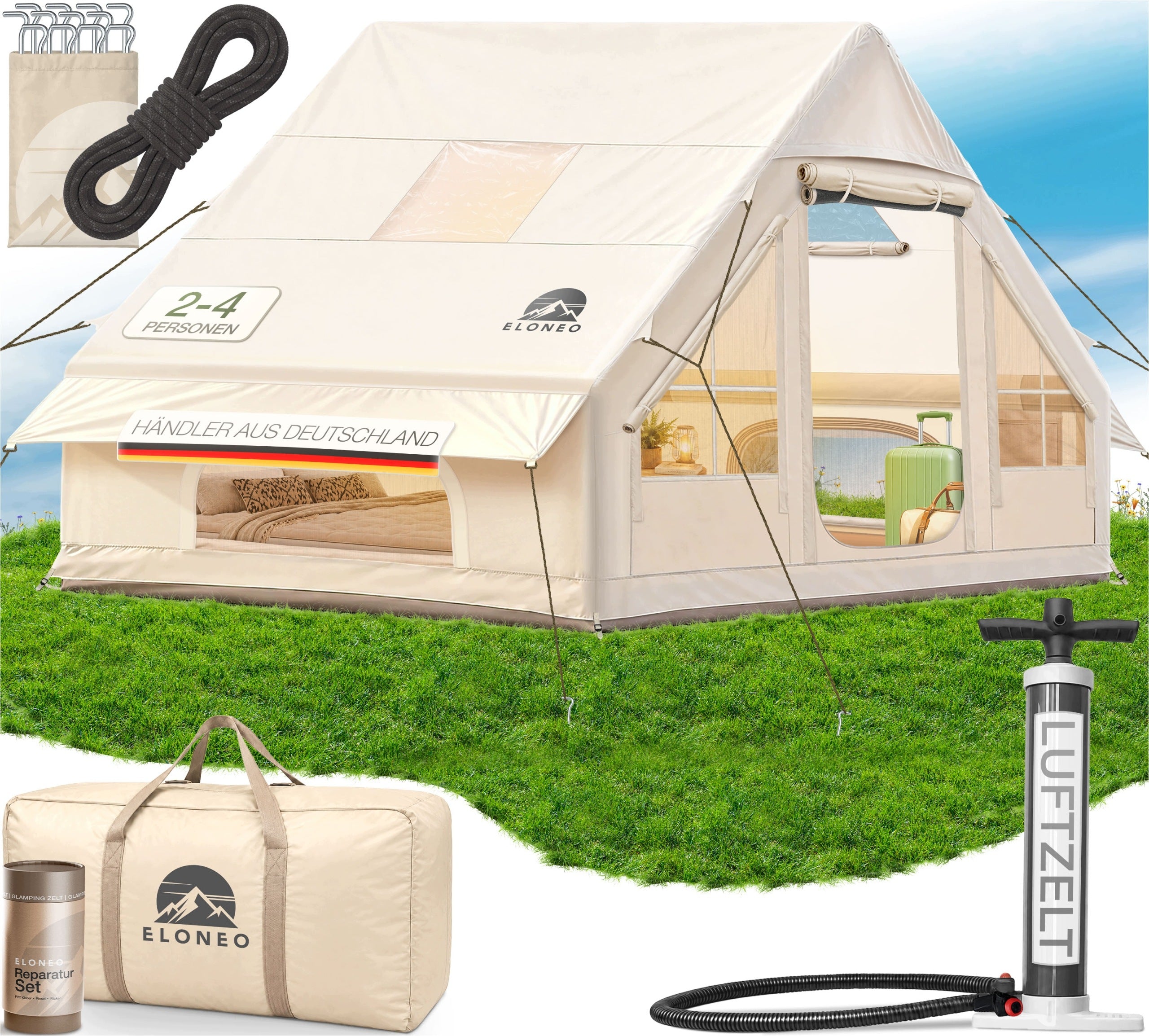 ELONEO Inflatable Tent Glamping 300x210x200cm, 2-4 Persons, Beige