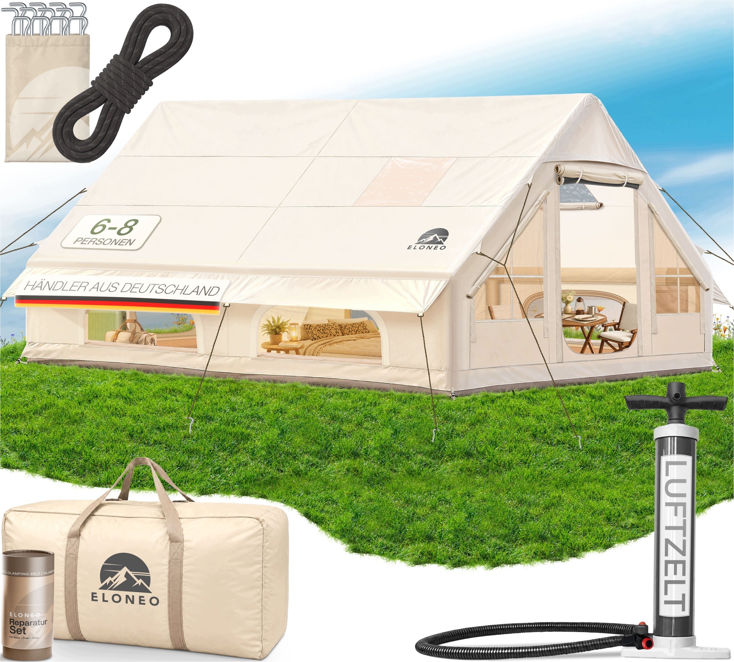 ELONEO Inflatable Tent Glamping 300x400x200cm, 6-8 People, Beige