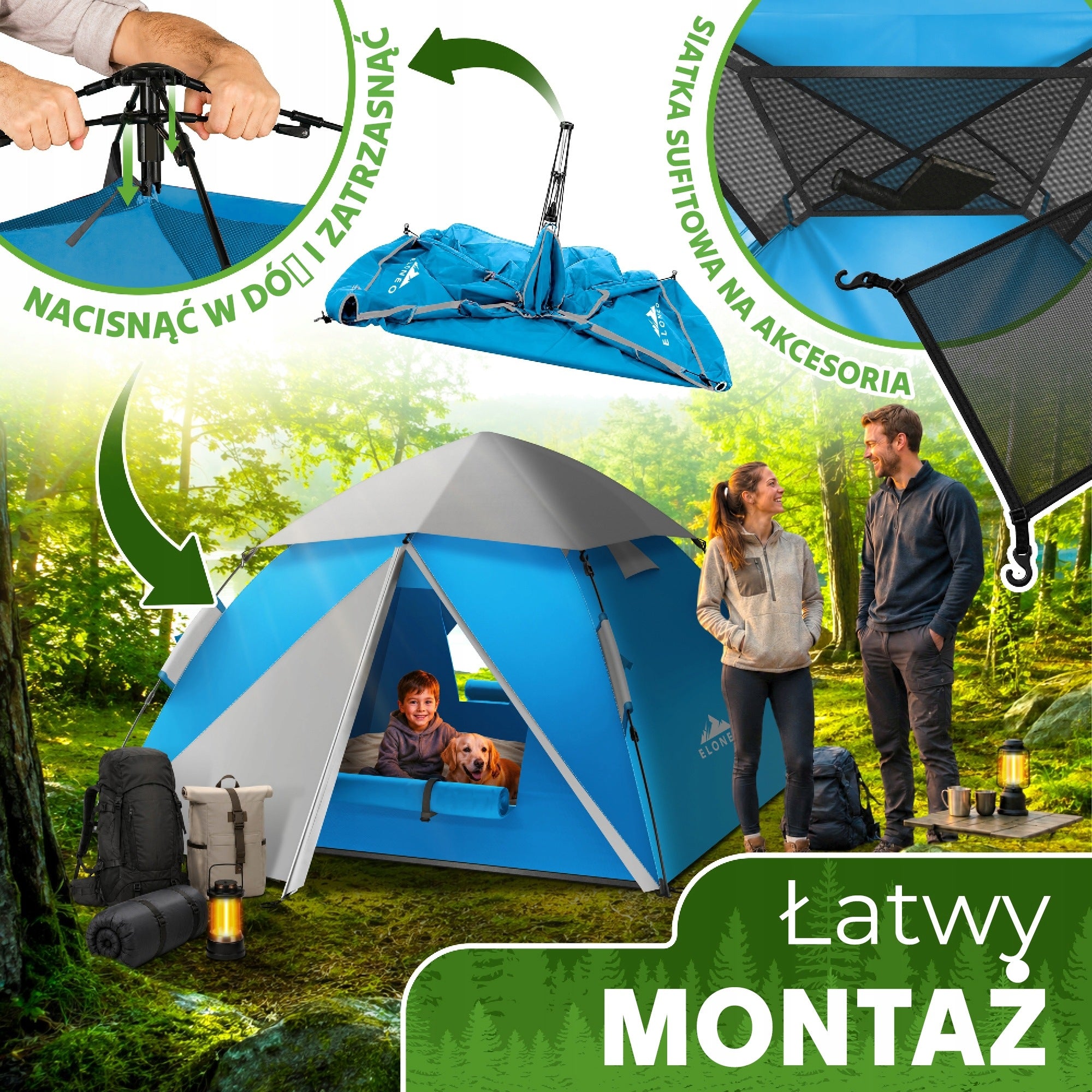 ELONEO Pop-Up Tent Self-folding 245x225x150cm Blue-Grey Waterproofness 4000 mm
